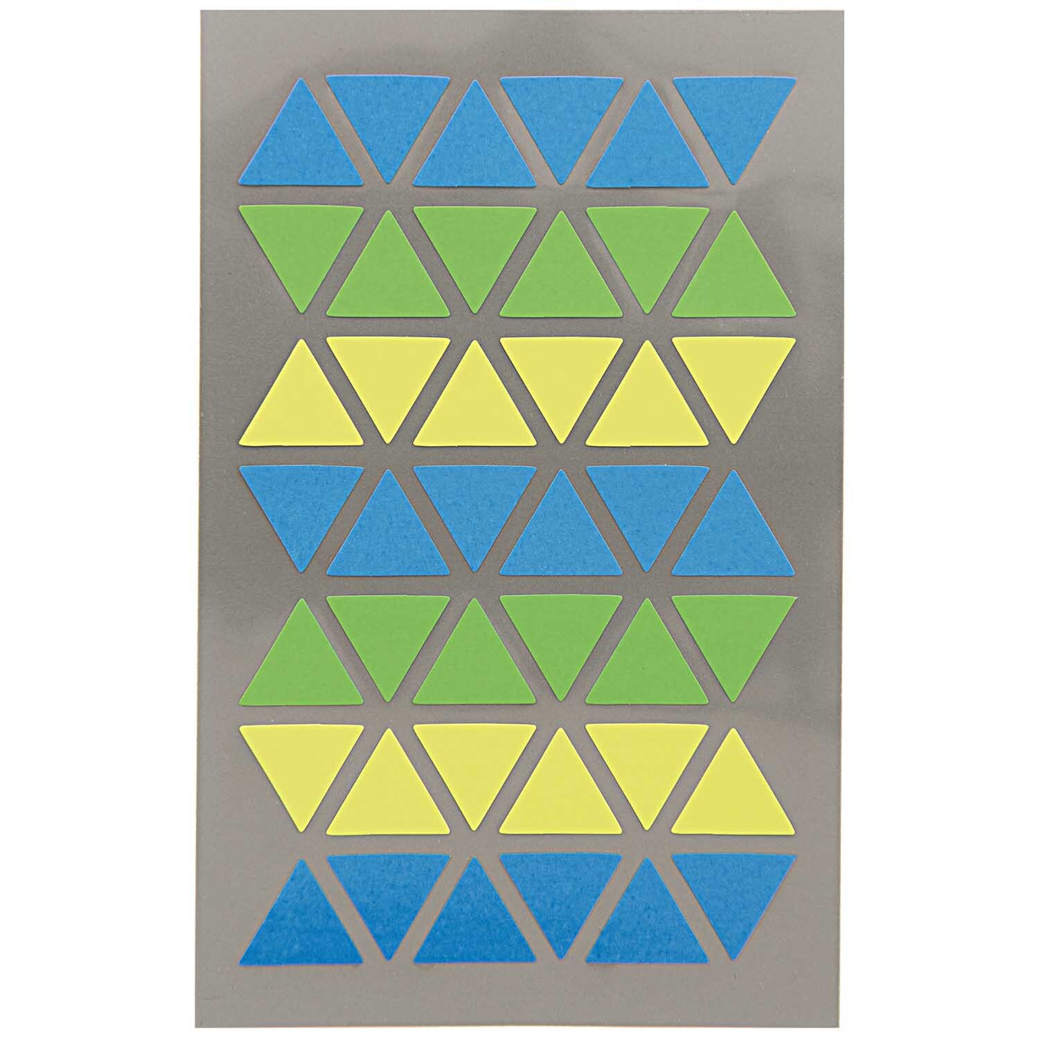 Paper Poetry OfficeSticker zeigt Dreiecke in Blau, Grün und Gelb auf vier Bögen von Rico Design.