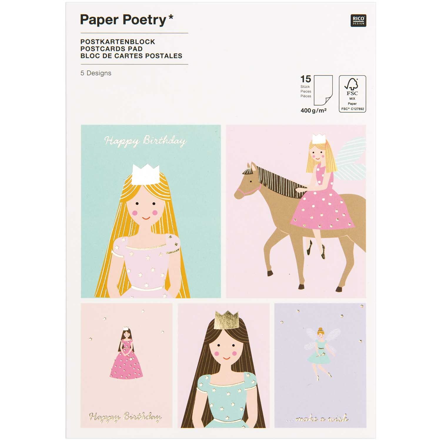 Paper Poetry Postkartenblock mit Prinzessinnenmotiven, 15 Karten, 400g/m², von Rico Design.