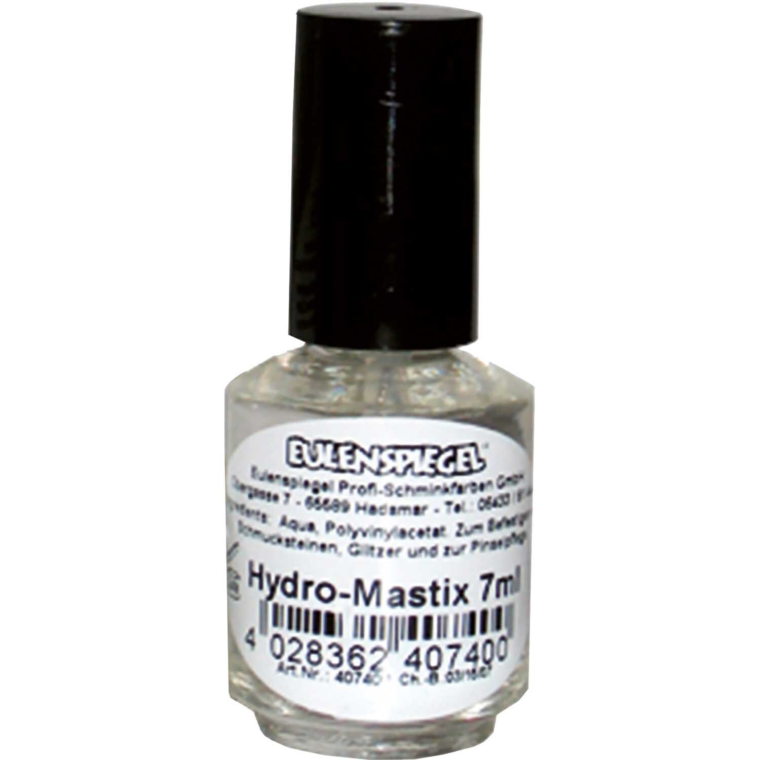 Hydro Mastix Hautkleber 7ml von Eulenspiegel, transparent, in einer kleinen Glasflasche mit schwarzem Deckel. Ideal für professionelle Anwendungen.