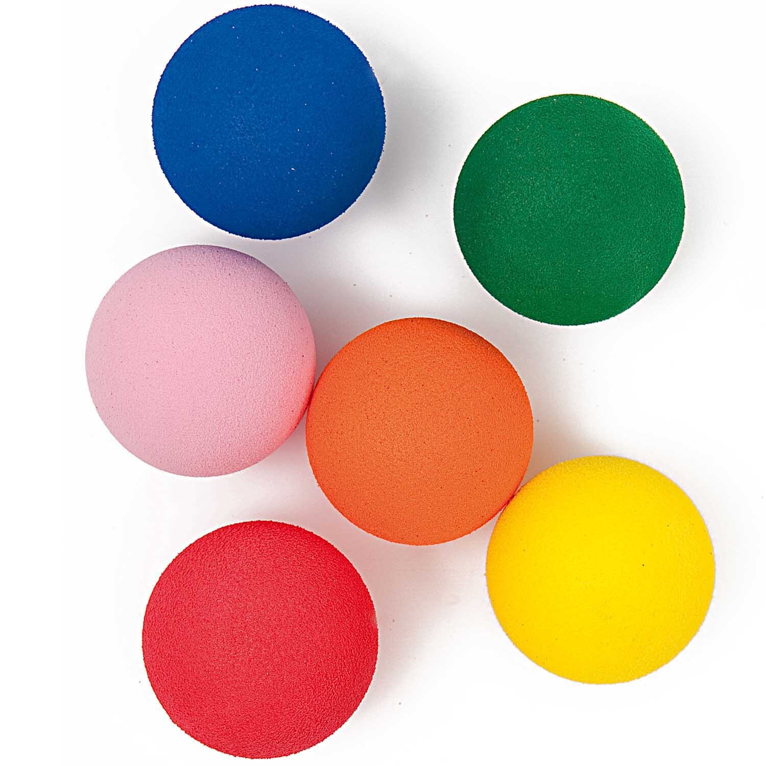 Moosgummikugeln mehrfarbig von Rico Design: Sechs bunte Kugeln in Blau, Grün, Rosa, Orange, Gelb und Rot.