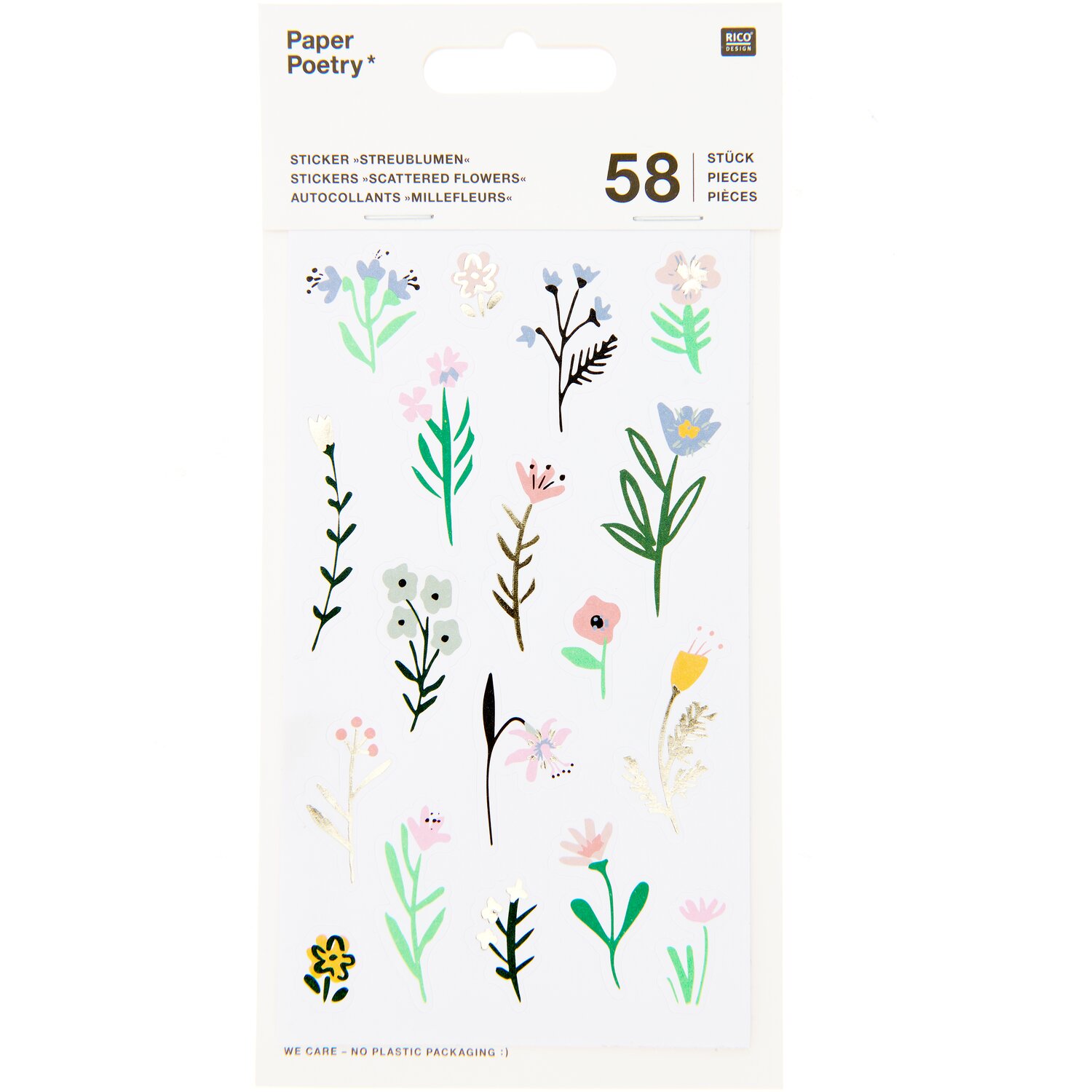 Paper Poetry Sticker Bunny Hop Streublumen, 58 Stück, von Rico Design. Bunte Blumensticker auf weißem Hintergrund.