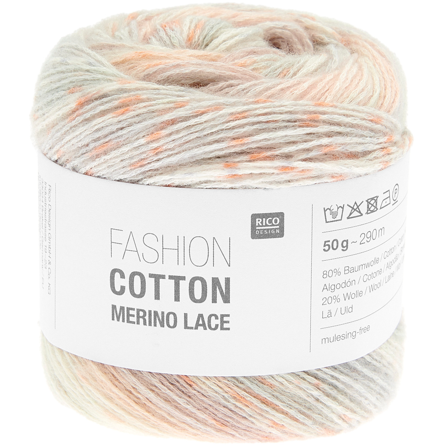 Fashion Cotton Merino Lace, weiches Garn in sanften Pastelltönen, ideal für leichte Strickprojekte. Marke: Rico Design.