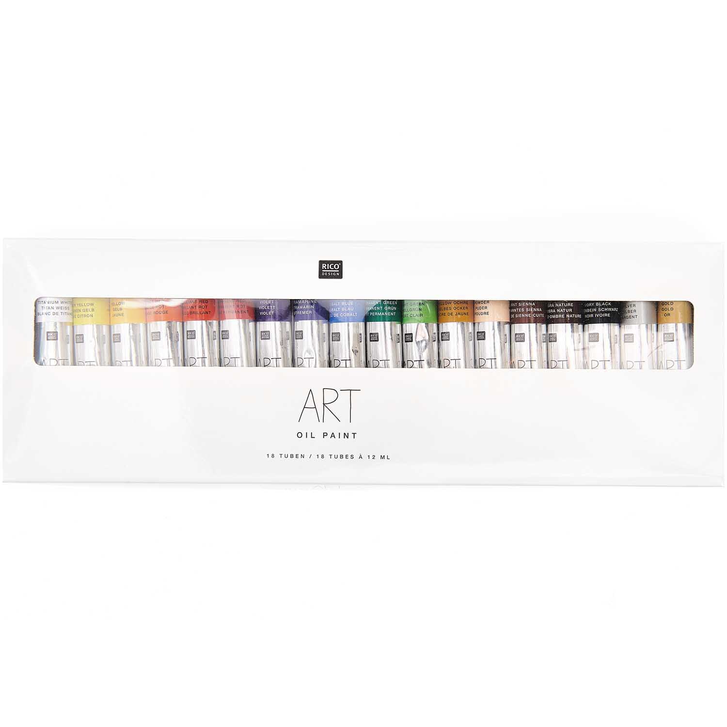 ART Öl Color Set 18x12ml, 24x12ml von Rico Design zeigt eine Auswahl an bunten Ölfarben in einer weißen Verpackung.