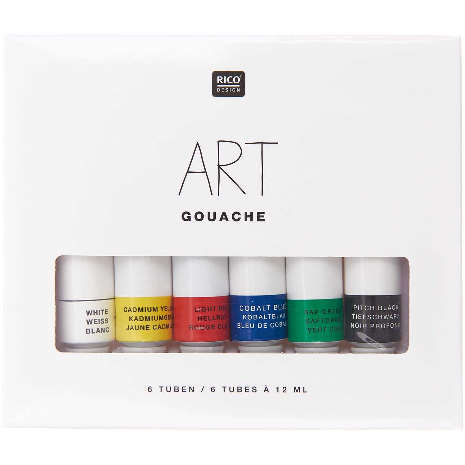 ART Gouache Set Basic 6x 12ml von Rico Design zeigt sechs bunte Gouache-Farbtuben in einer weißen Verpackung.
