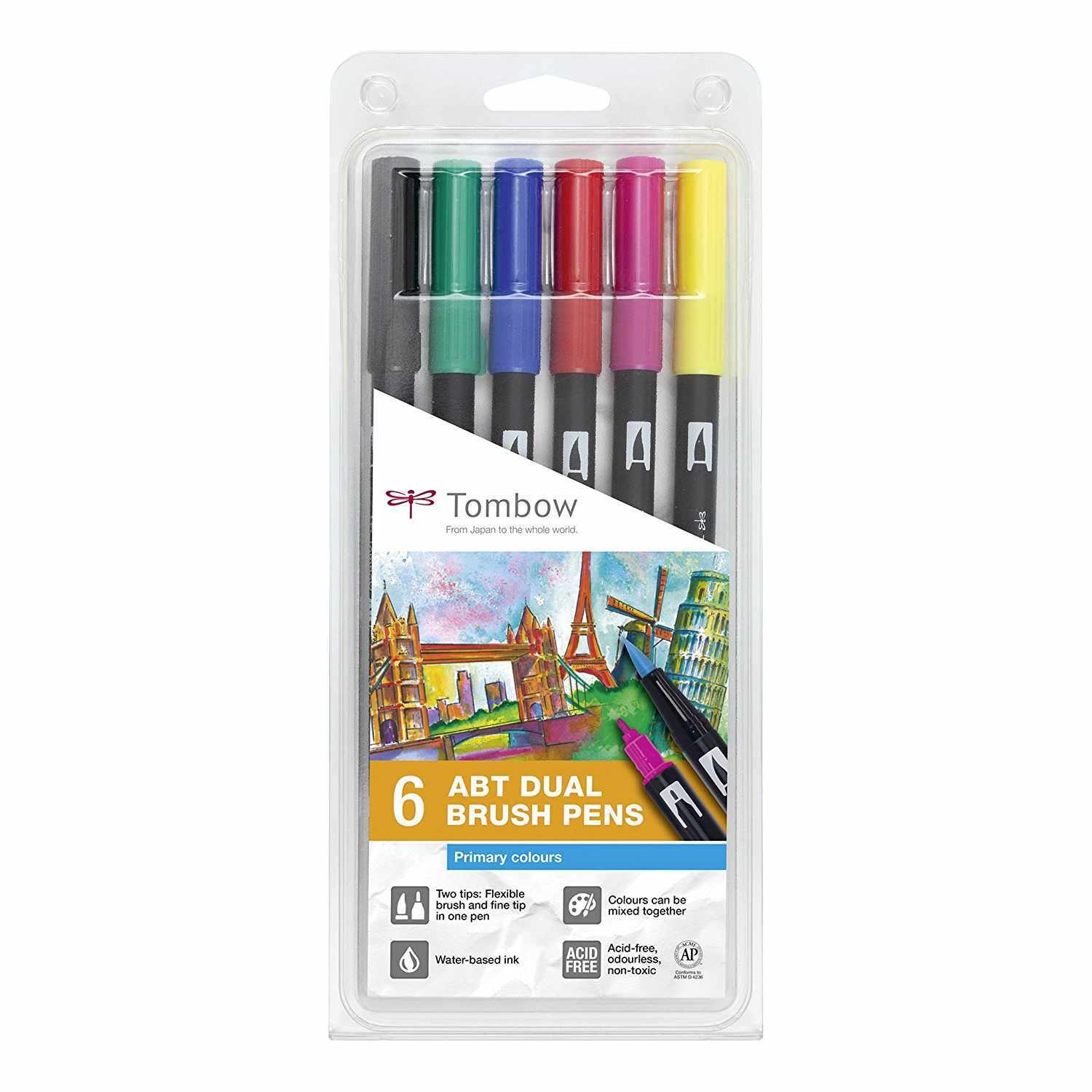 ABT Dual Brush Pen Primärfarben 6er Set von Tombow, ideal für kreative Projekte, zeigt sechs leuchtende Farben in einer transparenten Verpackung.