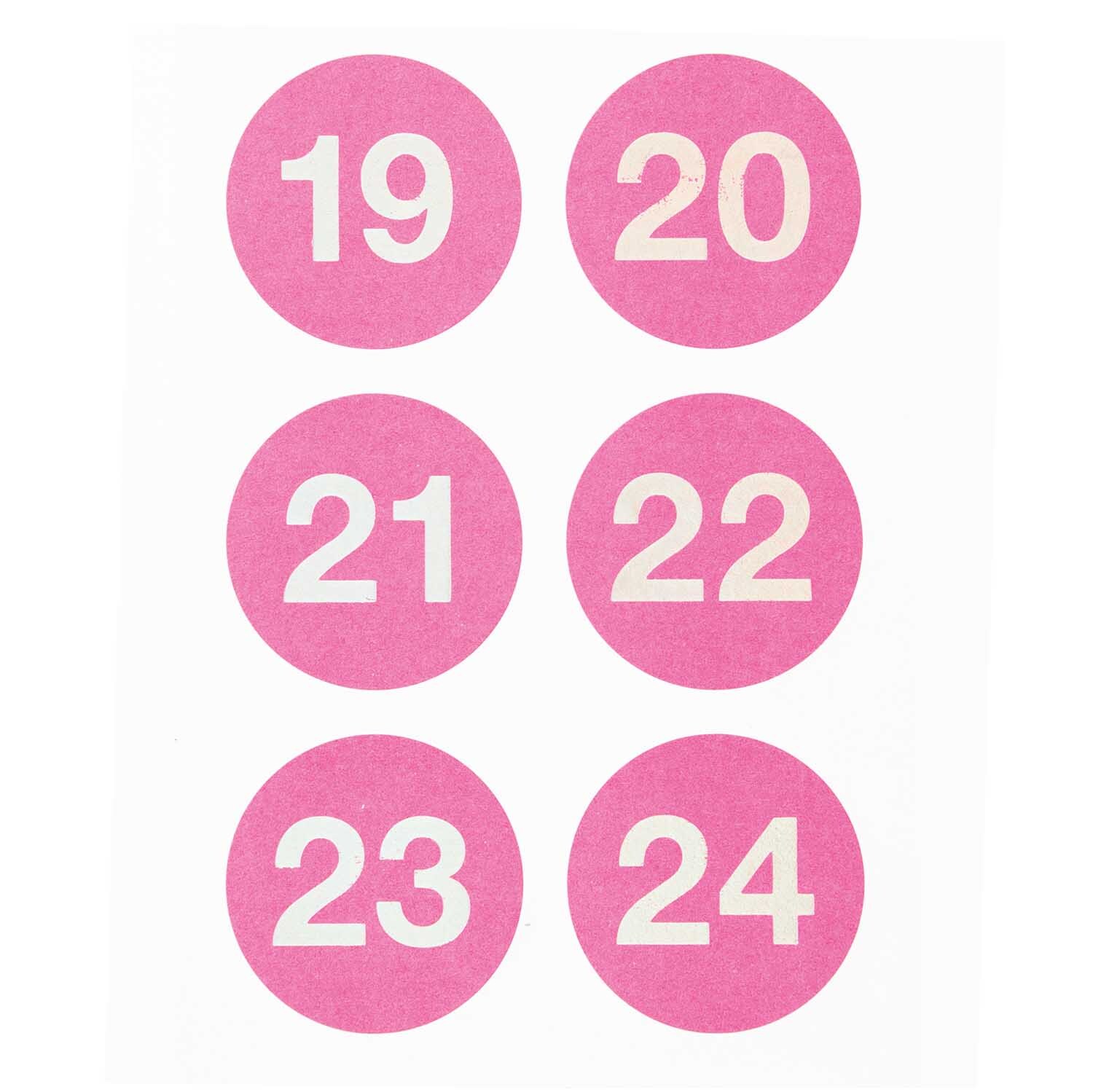 Paper Poetry Adventskalender Sticker Zahlen 1-24, pinke Kreise mit weißen Zahlen von 19 bis 24. Ideal für kreative Adventskalender.