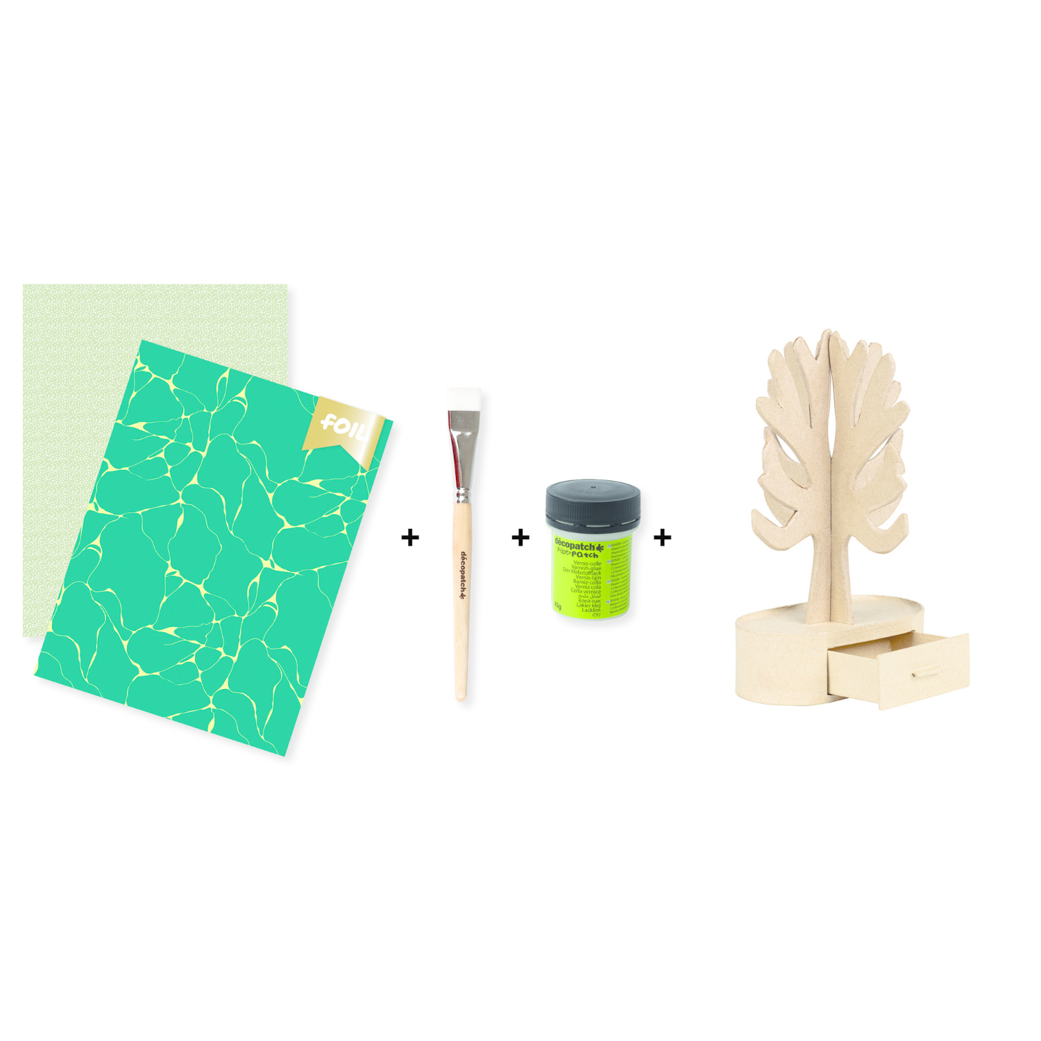 Bastelset Kreativer Moment Schmuckbaum: Enthält décopatch-Papier, Pinsel, Kleber und Holzbaum. Ideal für kreative DIY-Projekte.