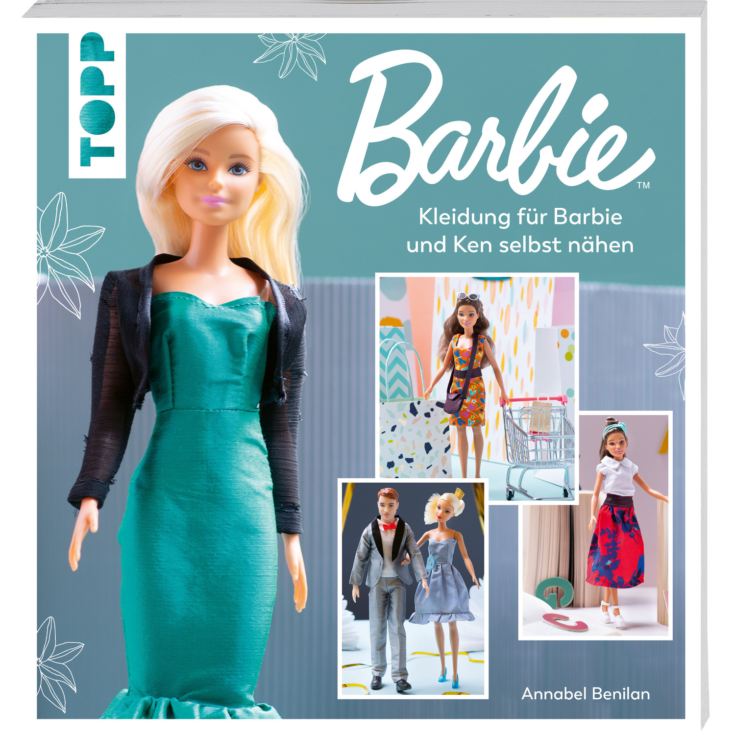 Barbie - Kleidung für Barbie und Ken selbst nähen: Buchcover mit Barbie in grünem Kleid. Marke: TOPP.