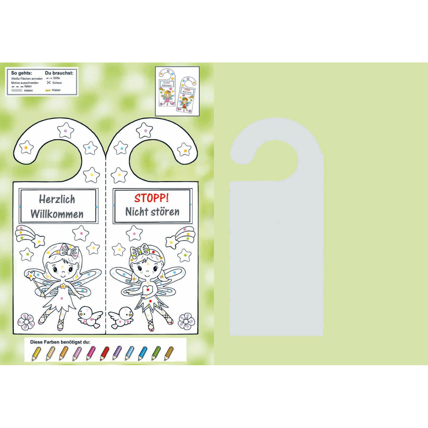 Das Ausschneide-Bastelbuch Malen nach Farben zeigt eine Fee zum Ausmalen mit Türschild. Ideal für kreative Kinderprojekte.