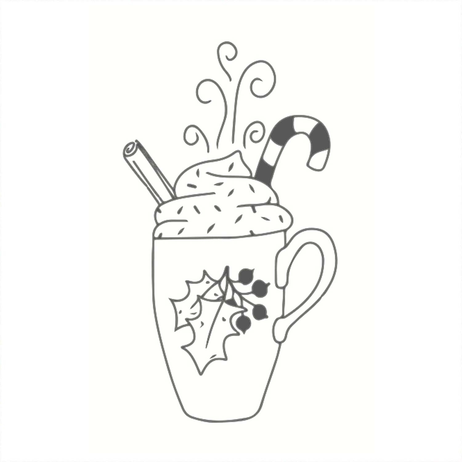 Weißer Stempel von May&Berry mit einem Weihnachtsbecher-Motiv. Der Becher zeigt Sahne, Zimtstange, Zuckerstange und Stechpalmenblätter. Perfekt für festliche Bastelprojekte.