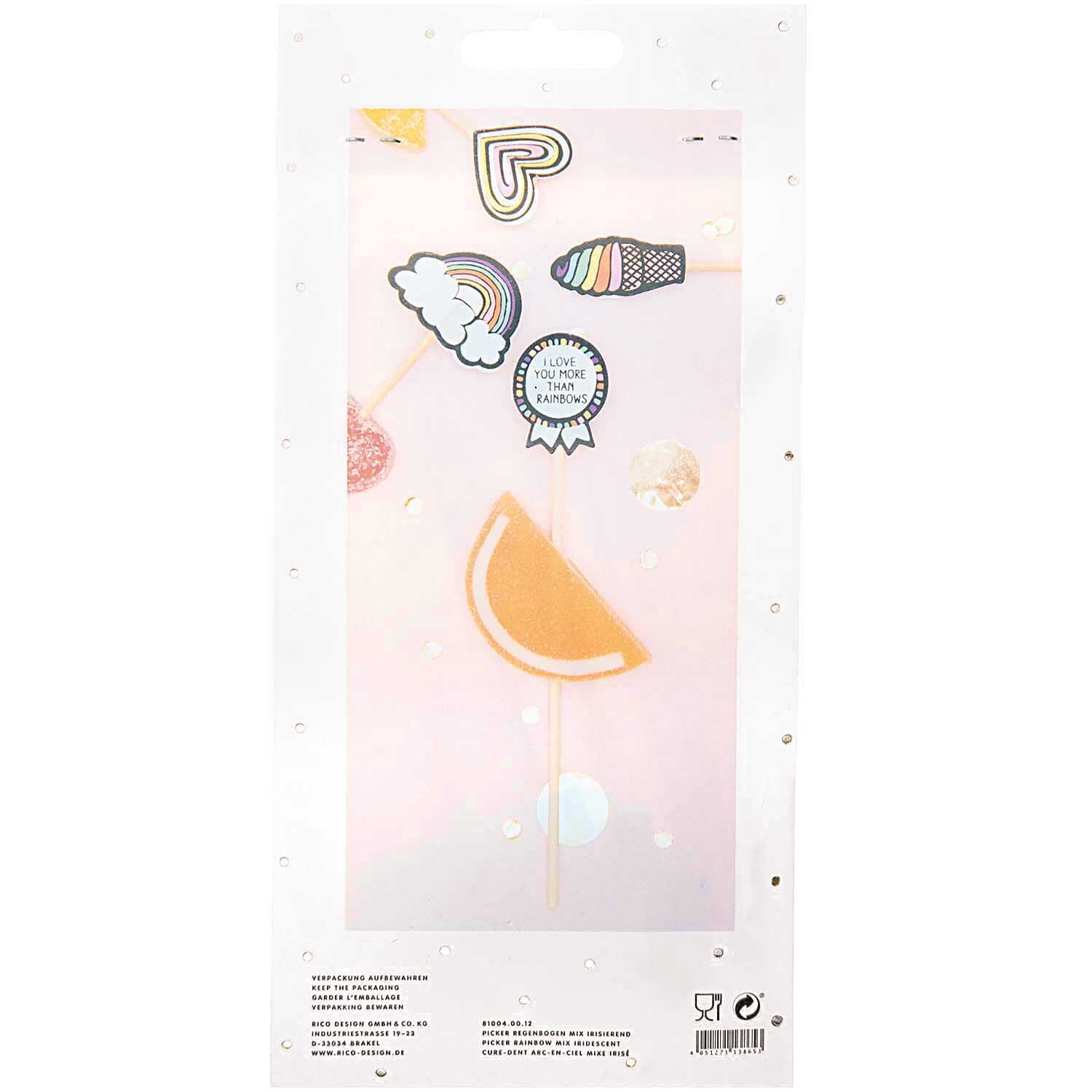 Picker Mix Regenbogen irisierend 15cm 24 Stück von Rico Design. Enthält bunte, irisierende Dekorationen wie Wolken und Eiscreme.