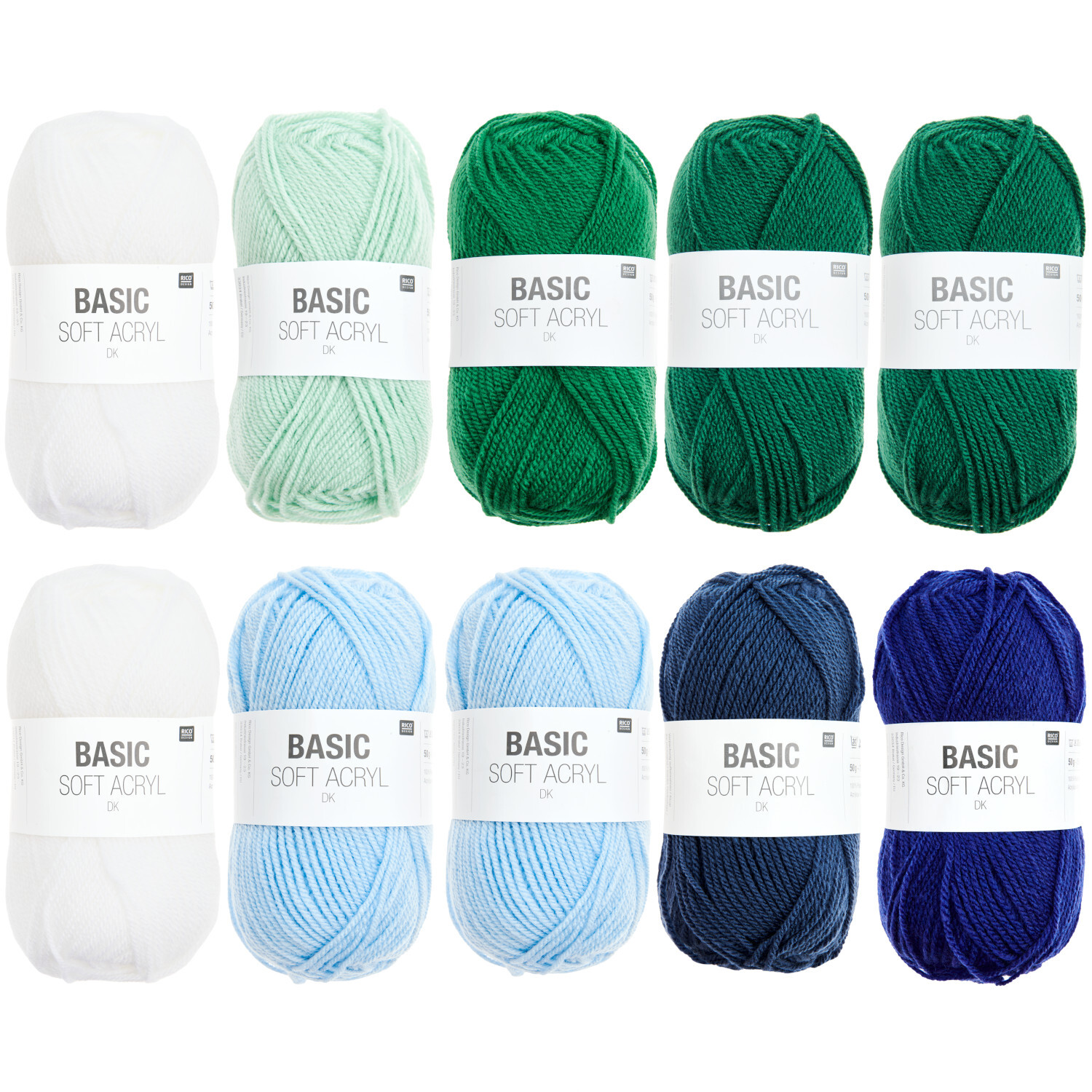 Wollpaket Basic Soft Acryl Aqua Colours: Zehn Knäuel in verschiedenen Blautönen von Rico Design, ideal für Strickprojekte.