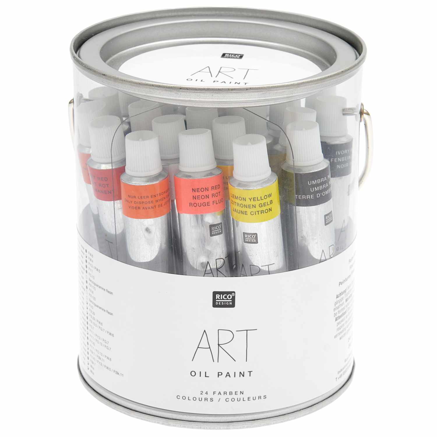 ART Öl Color Set 24x12ml von Rico Design in einem transparenten Eimer mit 24 verschiedenen Farbtuben. Ideal für kreative Malprojekte.
