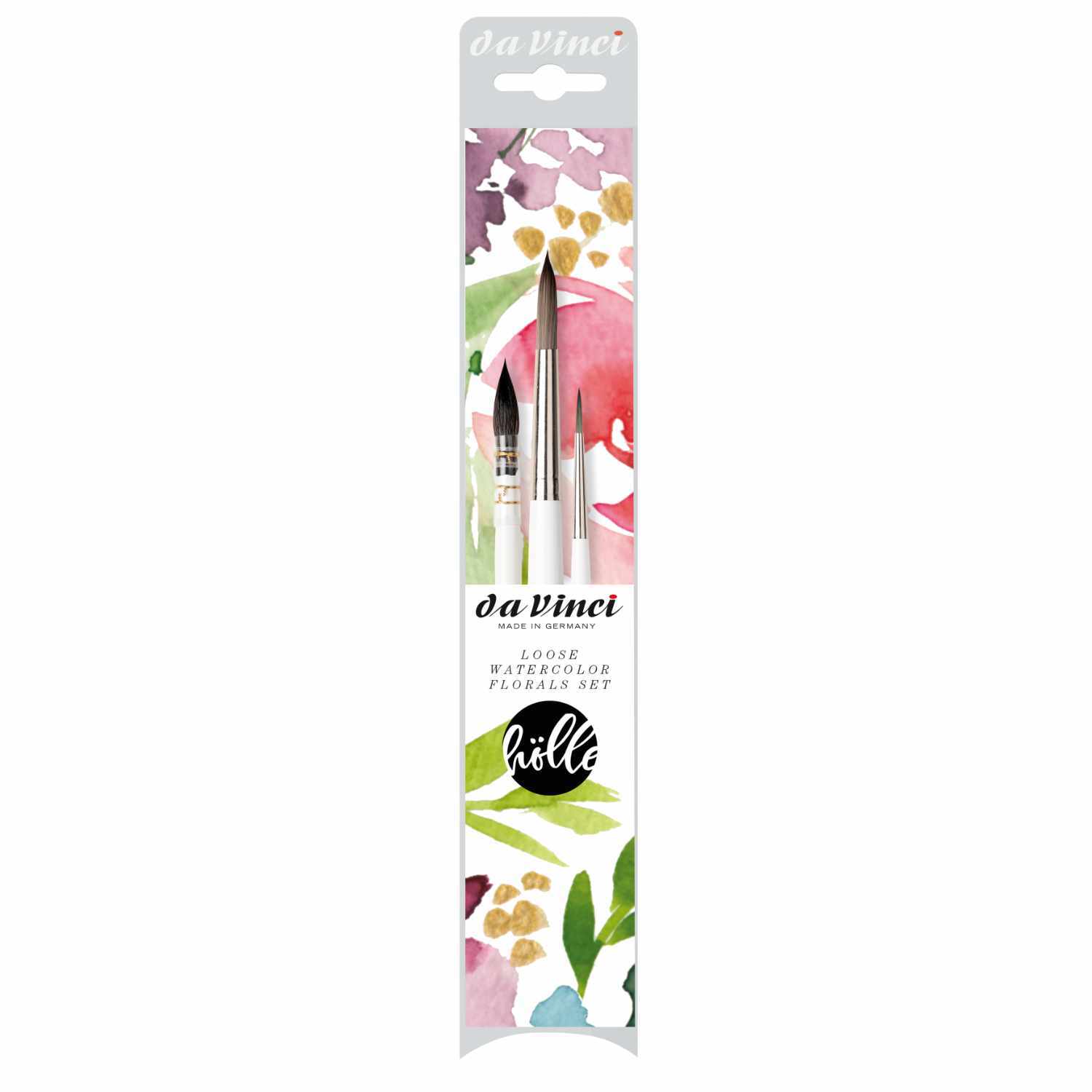 da Vinci Pinsel-Set Loose Watercolor Florals mit mehrfarbigem Design, ideal für Aquarellkunst. Enthält hochwertige Pinsel von Frau Hölle.
