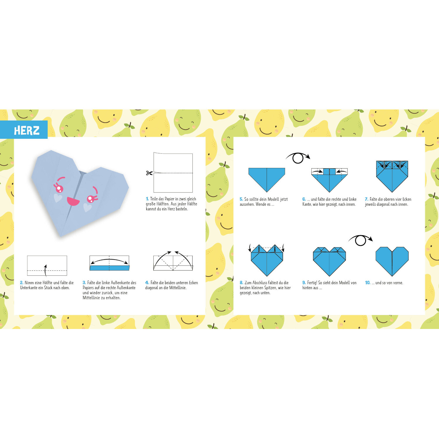88 x Origami Kids Kawaii: Anleitung zur Herstellung eines blauen Origami-Herzens mit niedlichen Gesichtern, umgeben von fröhlichen Fruchtmotiven.