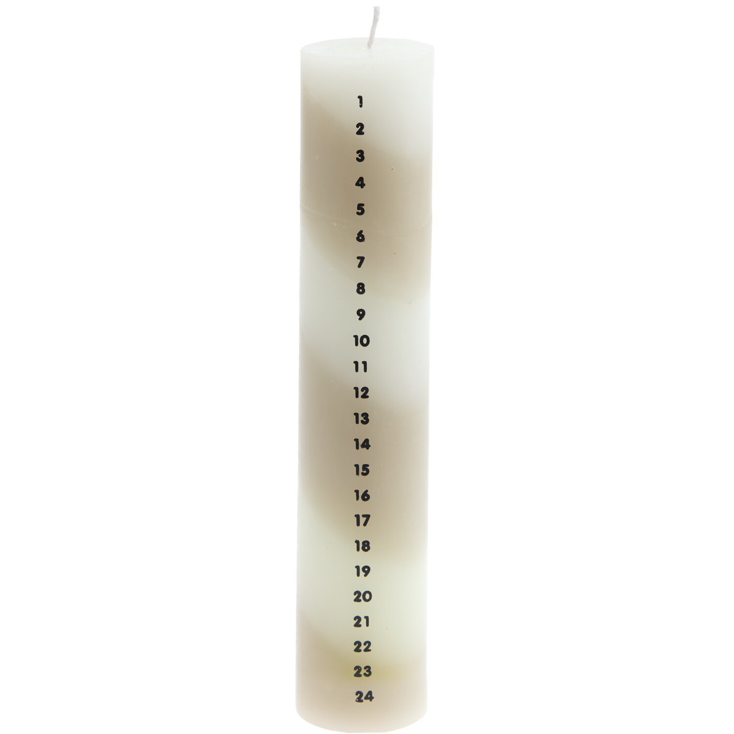 Adventskalender Kerze gestreift in Beige-Weiß mit Zahlen von 1 bis 24, Ø4x20cm, von Rico Design.