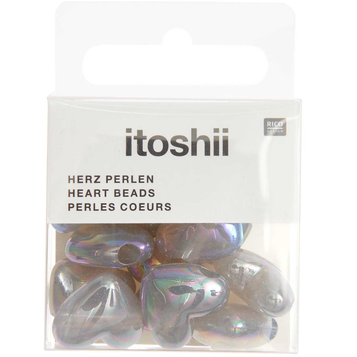 Itoshii Herz Perlen in holographischem Grau, 17x15x9mm, 12 Stück. Ideal für kreative Schmuckprojekte. Marke: Rico Design.