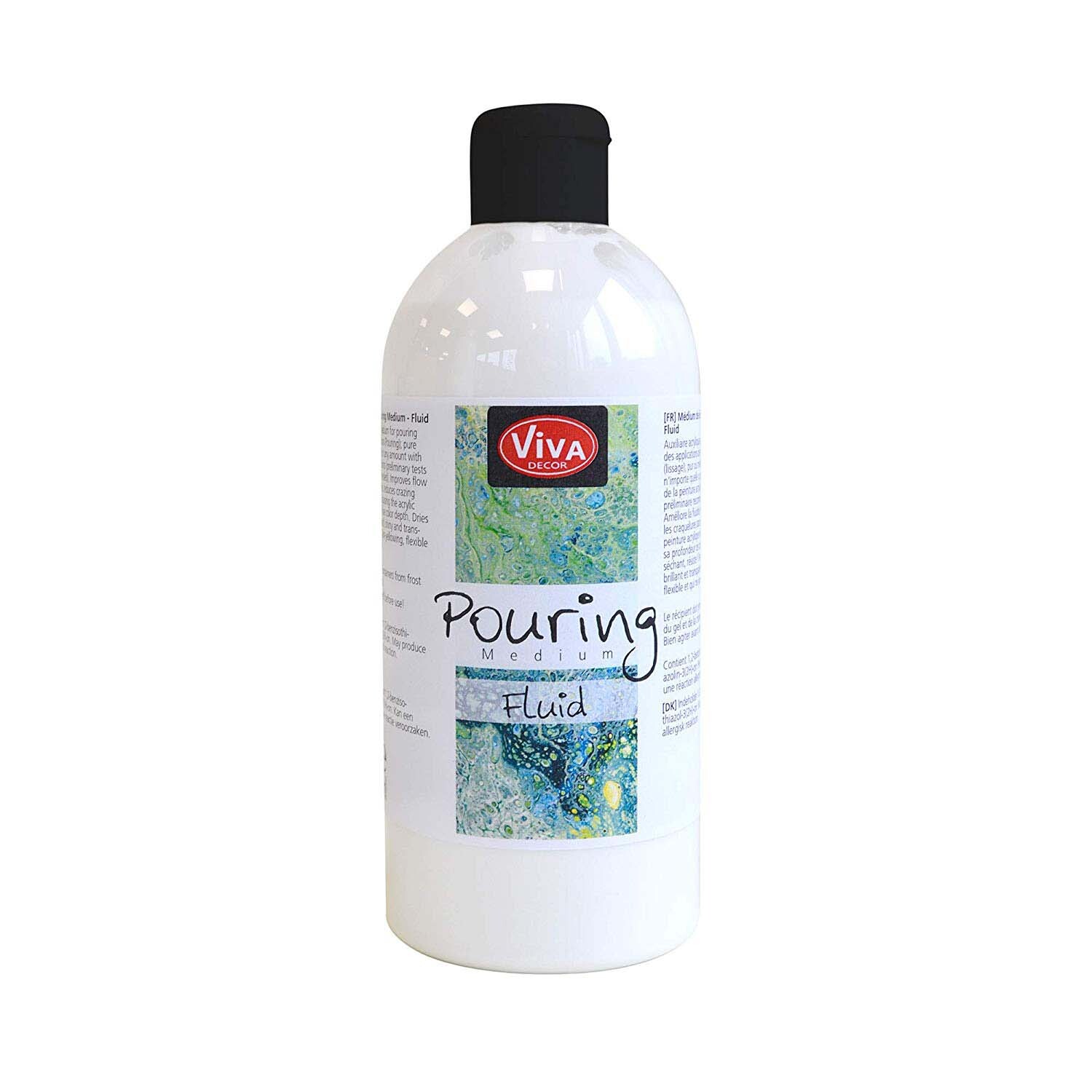 Pouring Medium Fluid Gießmedium von Viva Decor: Weiße Flasche mit schwarzem Deckel, ideal für kreative Kunstprojekte.