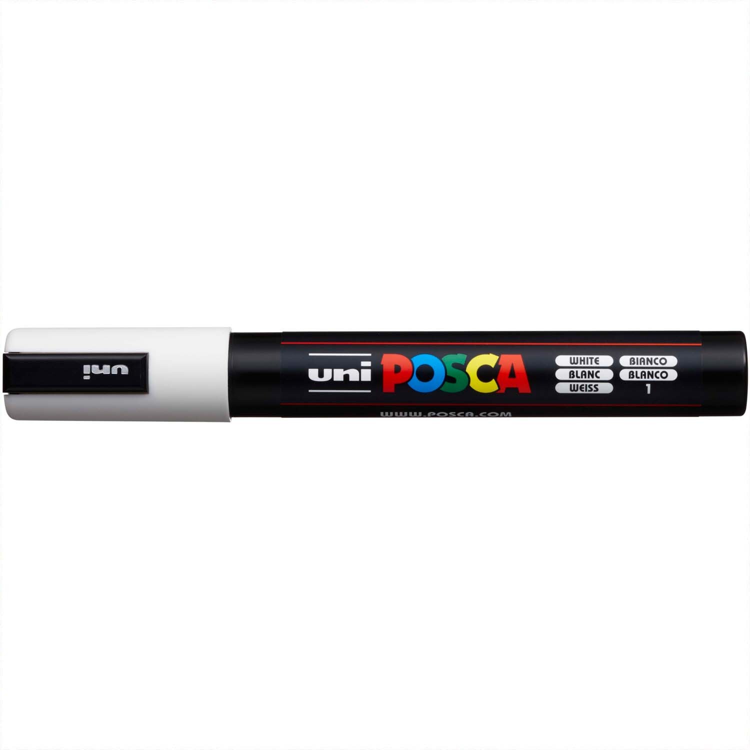 POSCA-Marker PC-5M mit 1,8-2,5mm Spitze, weiß. Ideal für präzises Zeichnen und Schreiben.