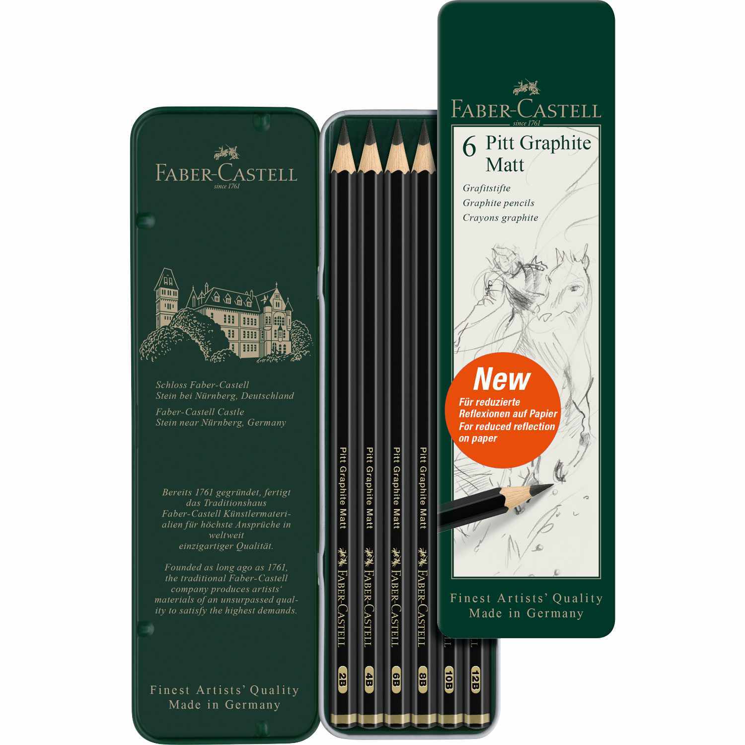 Bleistifte Pitt Graphite Matt: Sechsteiliges Set von Faber Castell in eleganter Verpackung, ideal für präzises Zeichnen und Skizzieren.