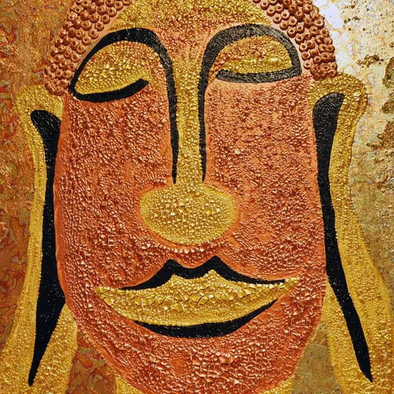 Facettenlack 250ml: Kunstwerk eines Buddha-Gesichts in Gold- und Kupfertönen, Viva Decor.