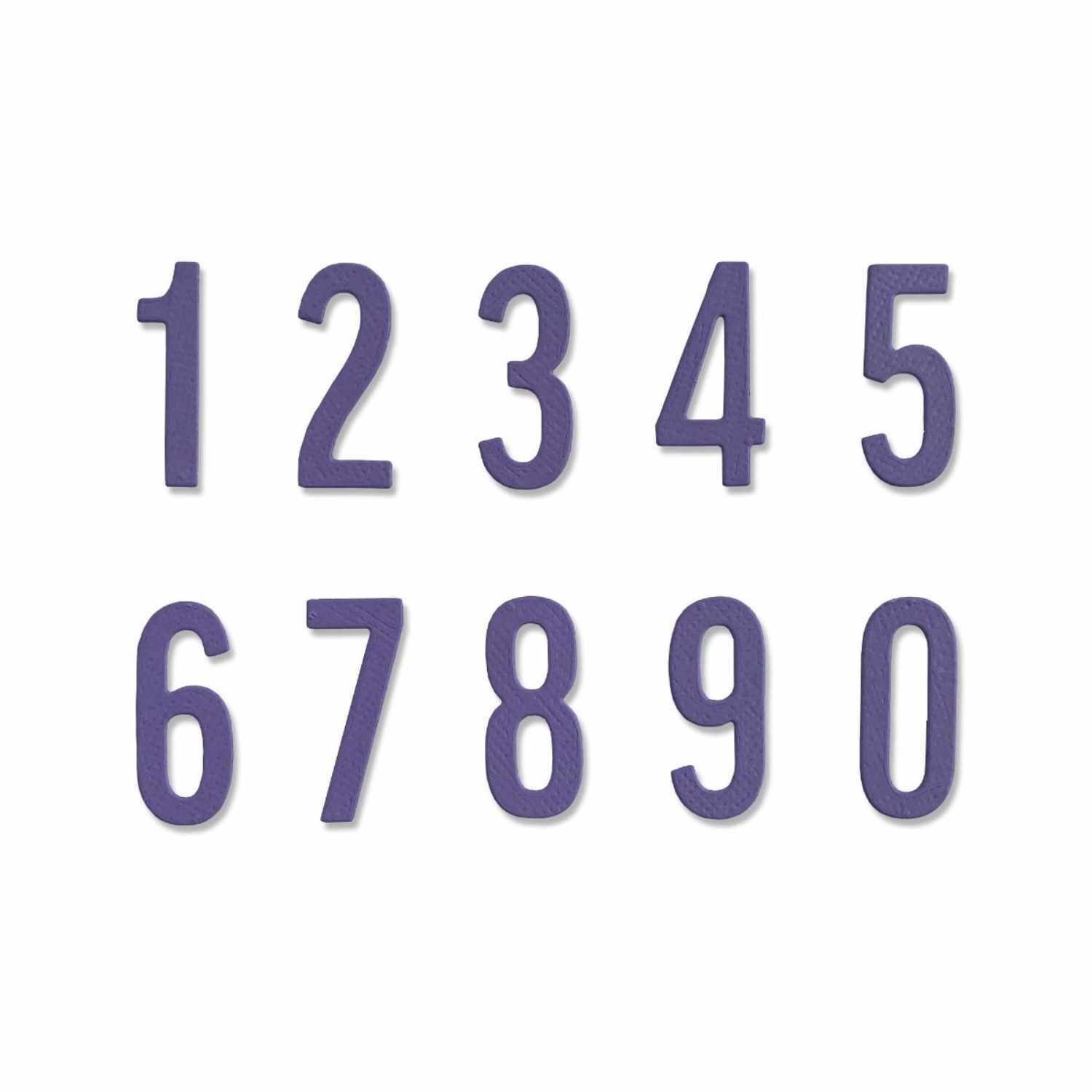 Thinlits Die Set Bold Numbers zeigt violette Zahlen von 0 bis 9. Ideal für kreative Projekte. Marke: Sizzix.
