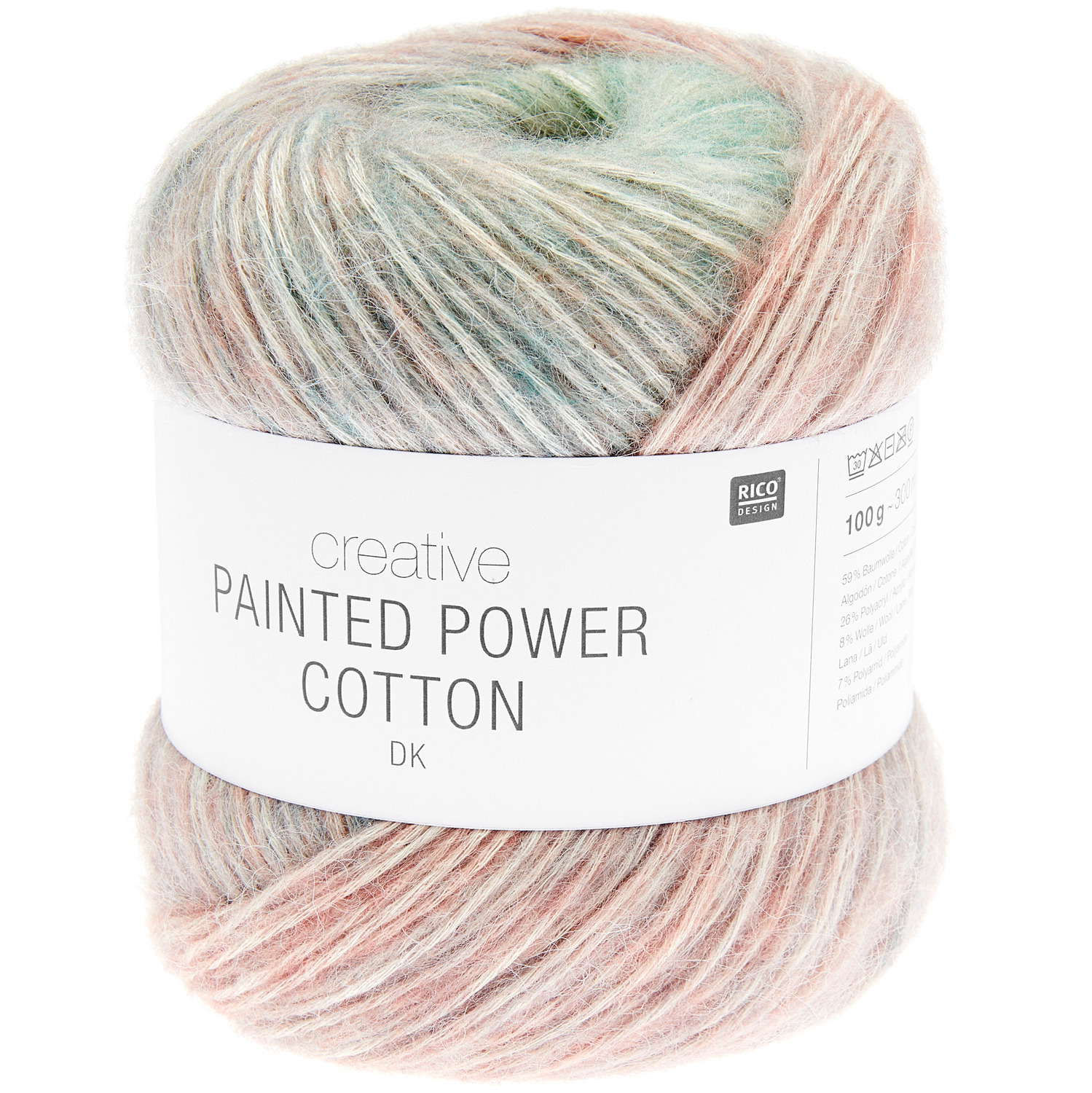Creative Painted Power Cotton dk, Strickgarn von Rico Design in sanften Erdtönen, ideal für modische Strickprojekte.