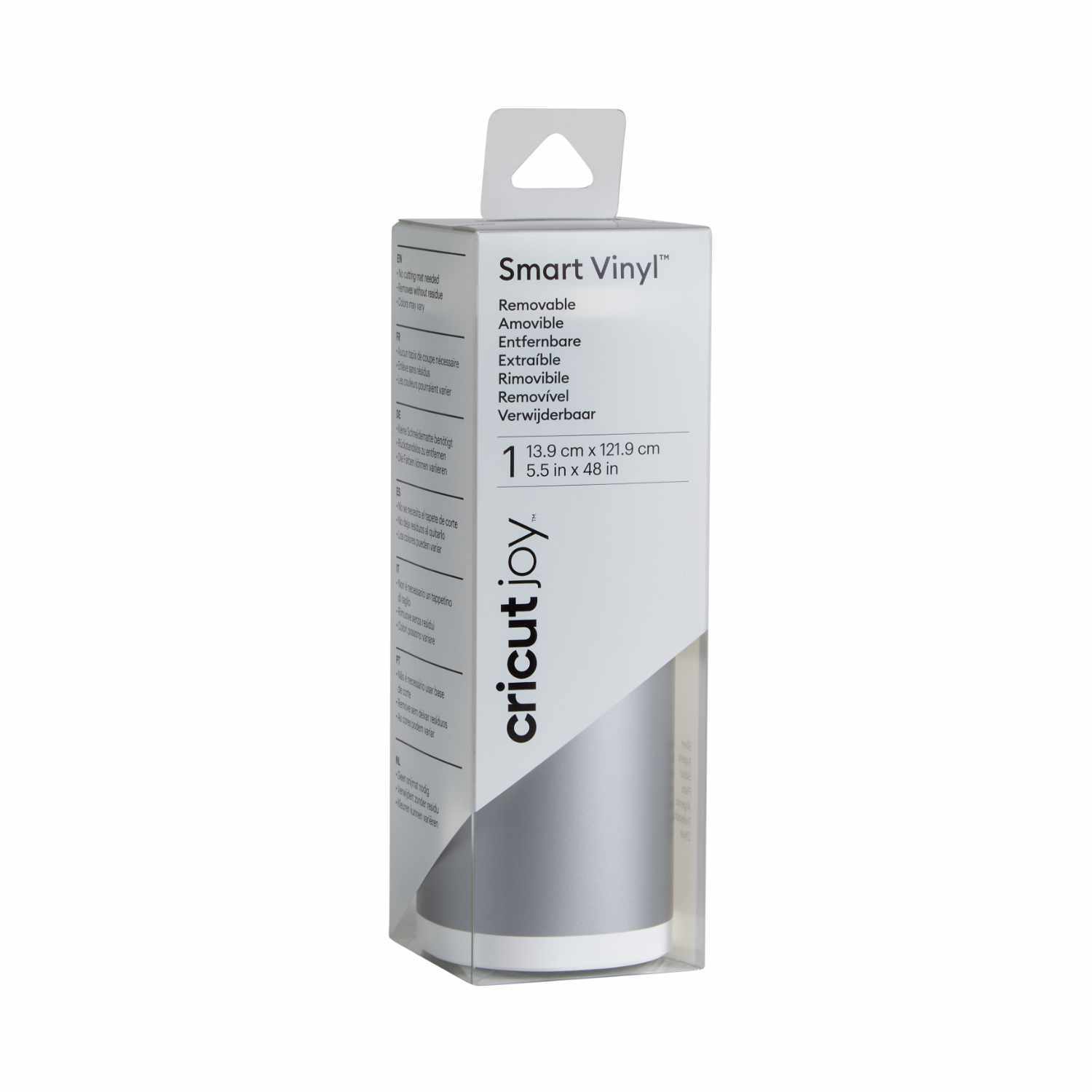 Joy Smart Vinyl Removable in silberner Rolle, verpackt in einer transparenten Box von Cricut. Ideal für kreative Projekte.