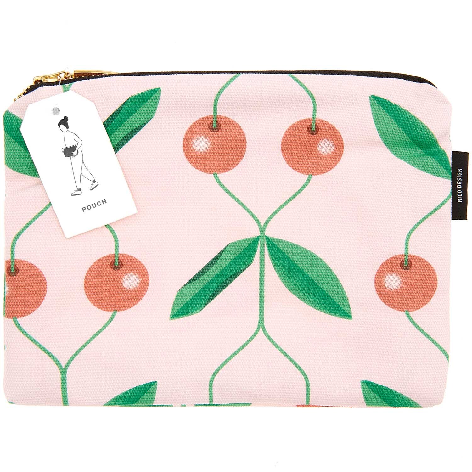 Pouch Kirschen rosa 17x23cm mit Kirschmuster und grünen Blättern, von Rico Design, auf rosa Hintergrund.