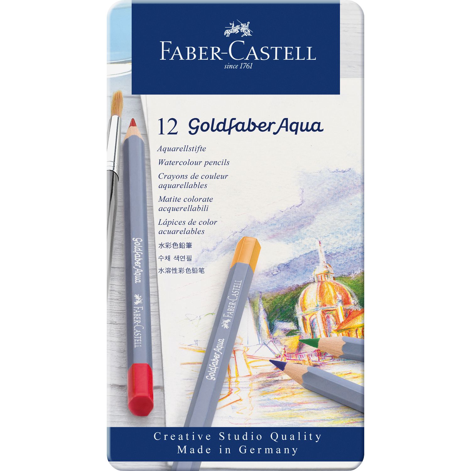 Goldfaber Aqua Aquarellstifte im Metalletui, 12-teilig, von Faber Castell, mit Pinsel und Zeichnung einer Kuppel im Hintergrund.