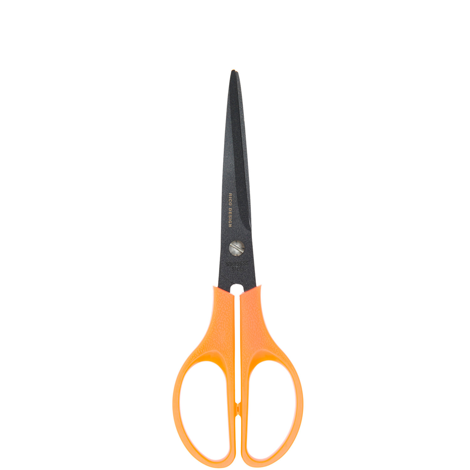 Antihaft Schere spitz, 16,5cm, mit orangefarbenem Griff und schwarzer Klinge von Rico Design. Ideal für präzises Schneiden.