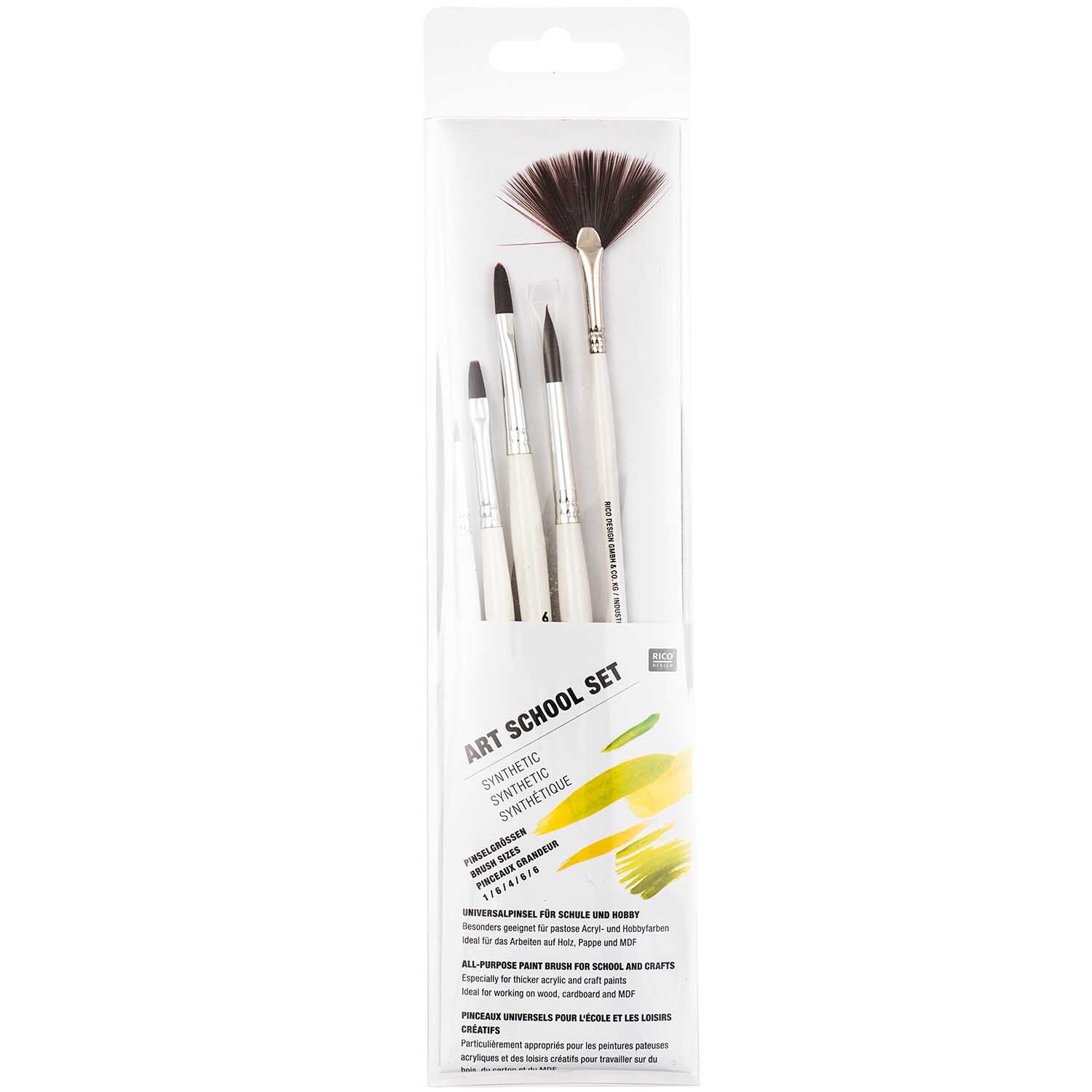 Pinsel Art School Synthetic Set, 5-teilig von Rico Design, zeigt verschiedene Pinsel in einer Verpackung. Ideal für kreative Projekte.