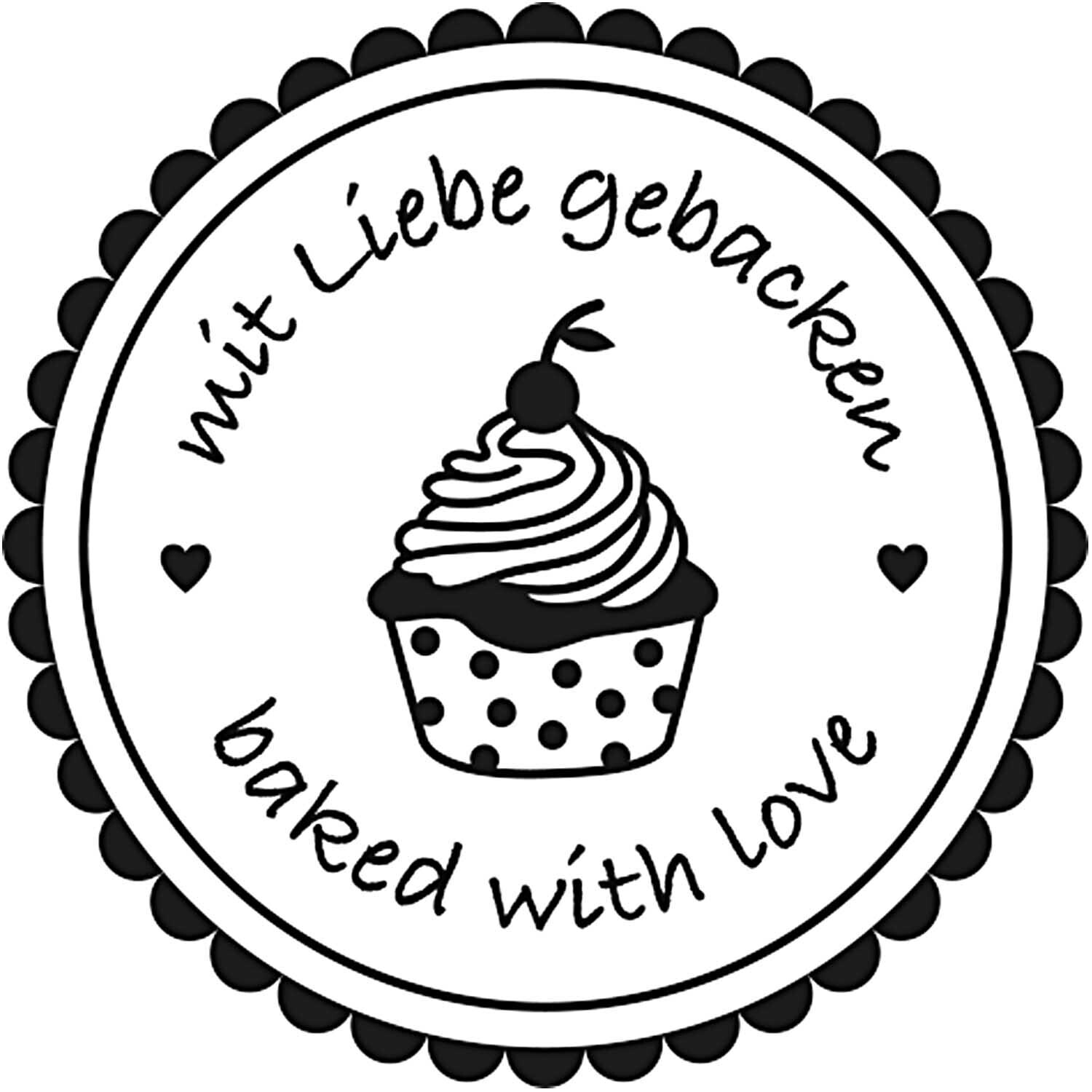 Stempel rund Mit Liebe gebacken 3,5cm von Rico Design zeigt ein Cupcake-Motiv mit Herzdetails.
