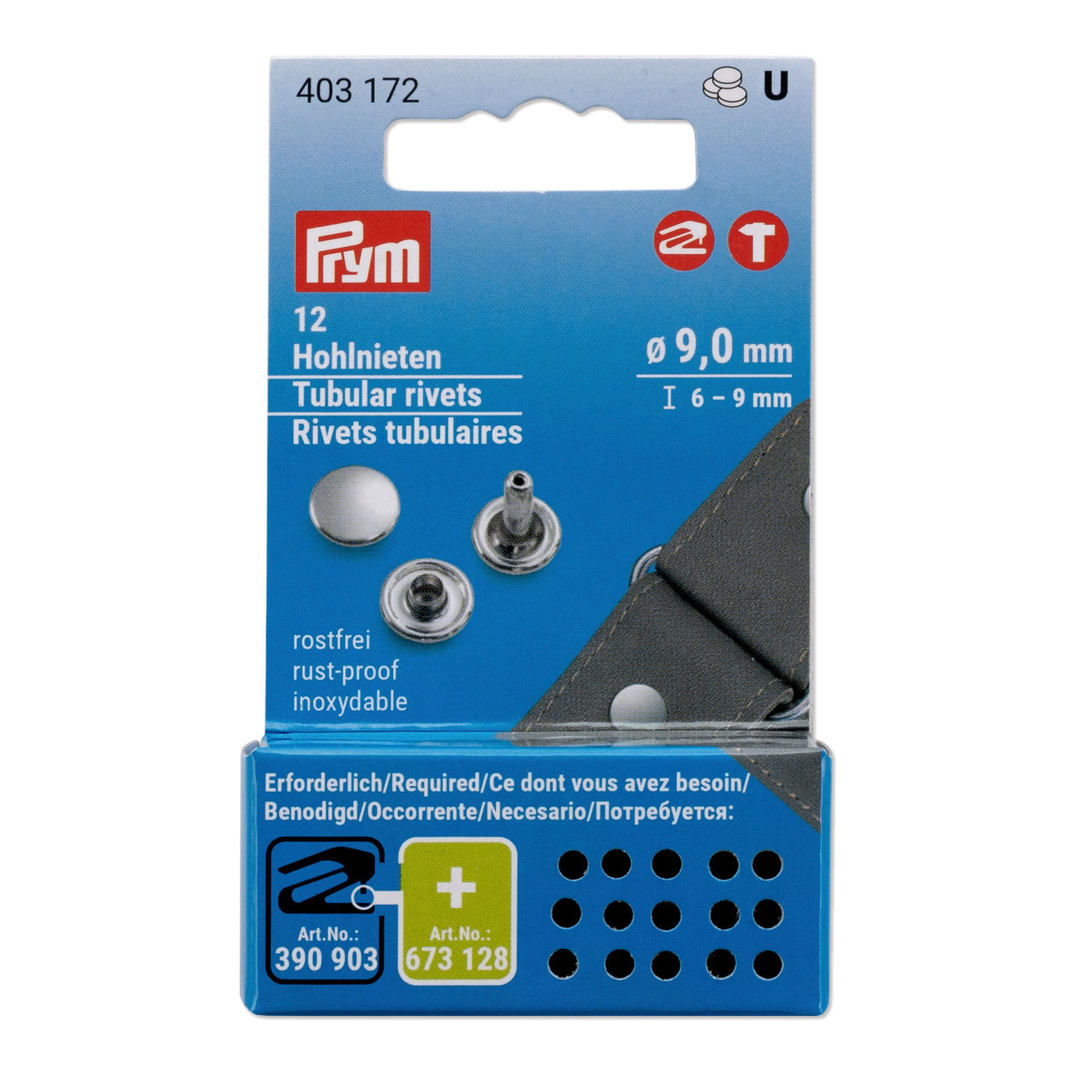 Hohlnieten MS, Prym, Ø9mm Stiftlänge 6-9mm, 20 Stück. Verpackung zeigt rostfreie Nieten in Blau.