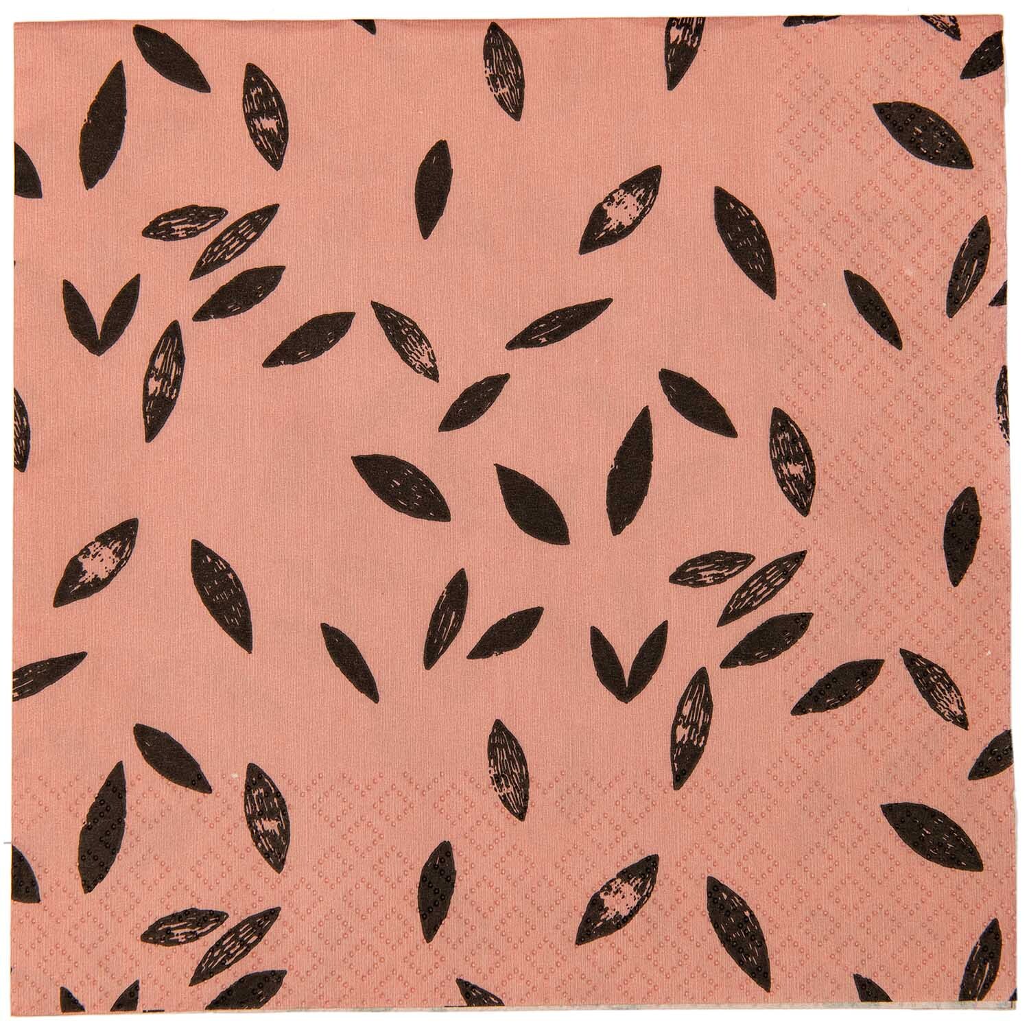 Servietten Blätter rosa 33x33cm 20 Stück von Rico Design mit schwarzem Blättermuster auf rosa Hintergrund.