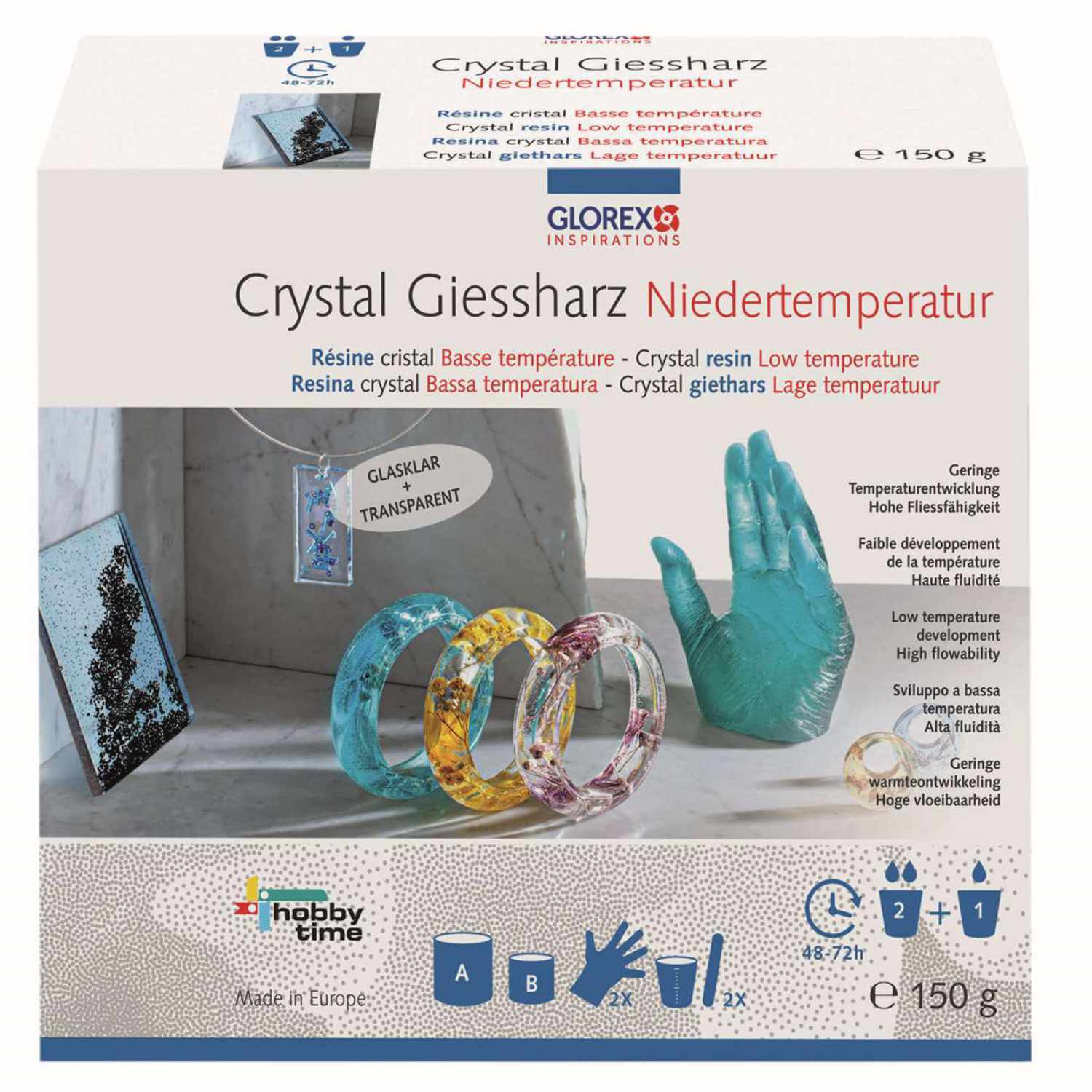 Crystal-Gießharz Niedertemperatur von Glorex: Verpackung mit Harz, Handschuh und fertigen bunten Armbändern.