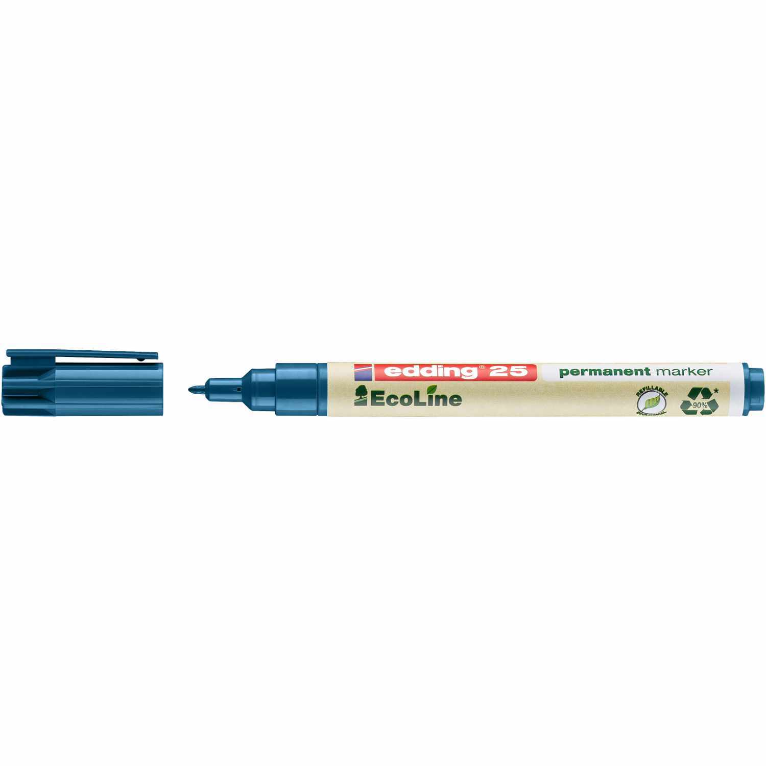 25 EcoLine Permanentmarker 1mm, geöffnet, zeigt blaue Spitze und Kappe, Marke edding.