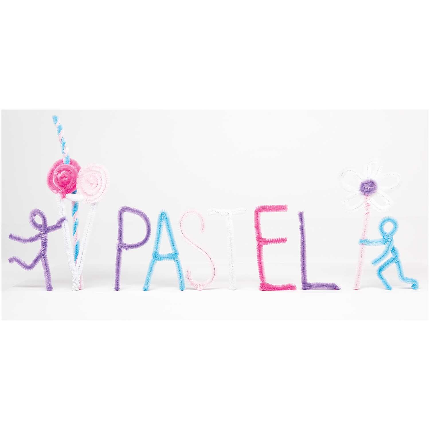 Chenilledraht-Mix 50cm 10 Stück: Bunte Figuren und Buchstaben aus Chenilledraht in Pastellfarben von Rico Design.