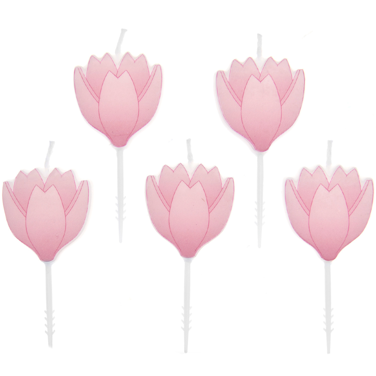 Kerzen Kirschblüte: Fünf rosa Kerzen in Blütenform von Rico Design, ideal für Dekorationen.