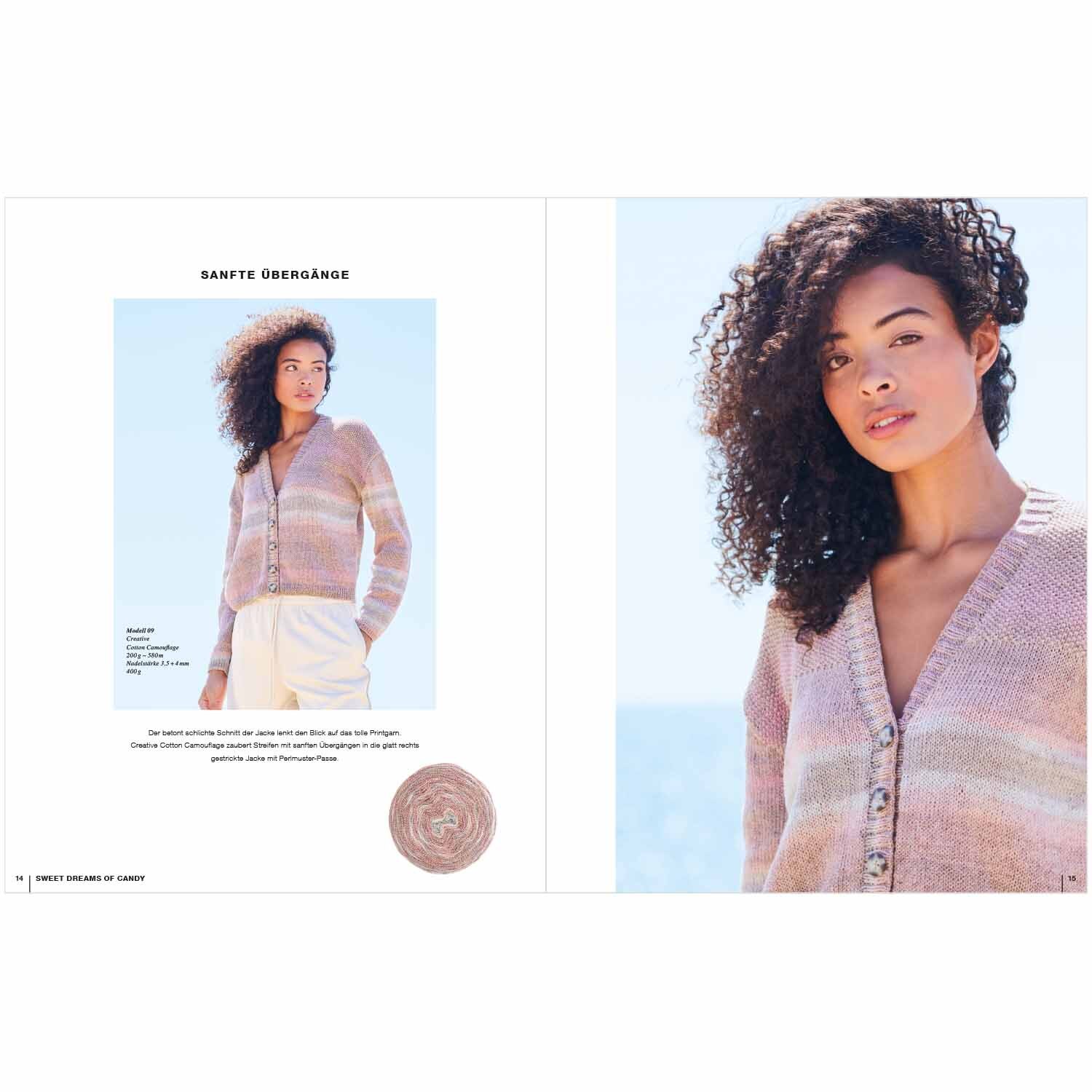 Lovewool Nr.16 Handstrickmagazin Frühjahr-Sommer zeigt eine Frau in einem pastellfarbenen Strickcardigan am Strand. Ideal für warme Tage.