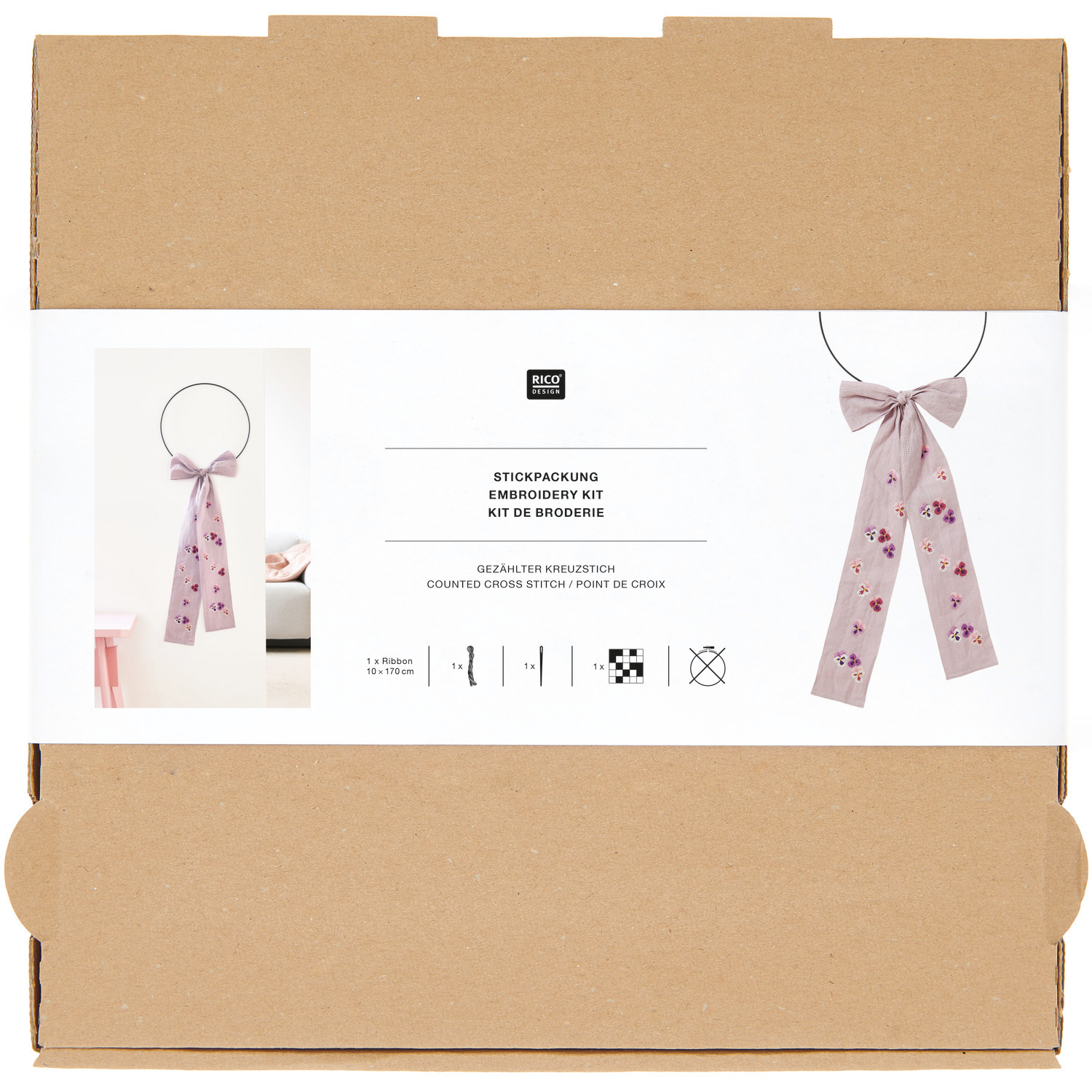 Stickpackung Schleife Stiefmütterchen 10x170cm von Rico Design