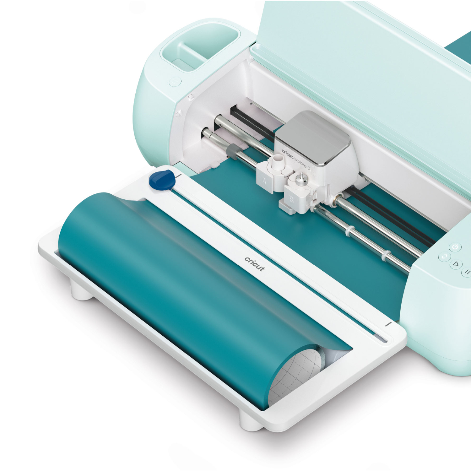 Rollenhalterung für Maker 3: Ein Cricut-Schneideplotter mit blauer Rolle, ideal für präzises Basteln.