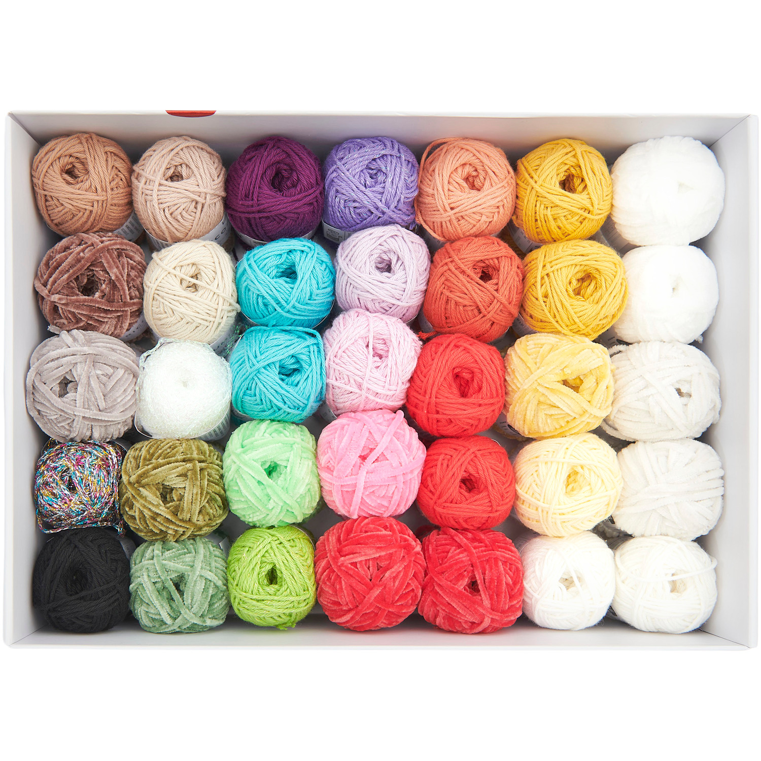 Ricorumi Shrooom Garn-Set: 35 bunte Wollknäuel à 25g in einer Box, ideal für kreative Häkelprojekte.