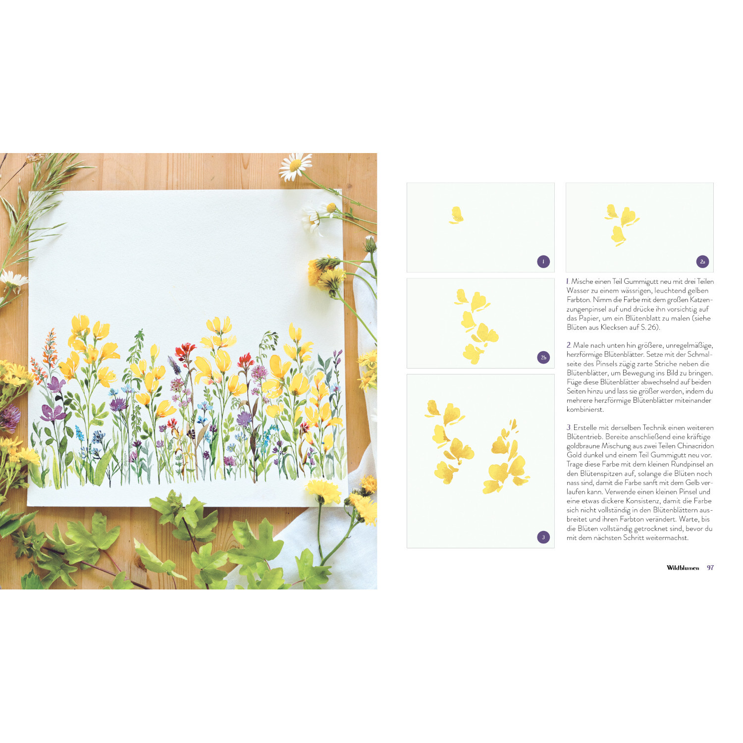 Wildflower Watercolor - Blumen Aquarelle malen: Bunte Blumenillustration auf Holzuntergrund mit Anleitung.