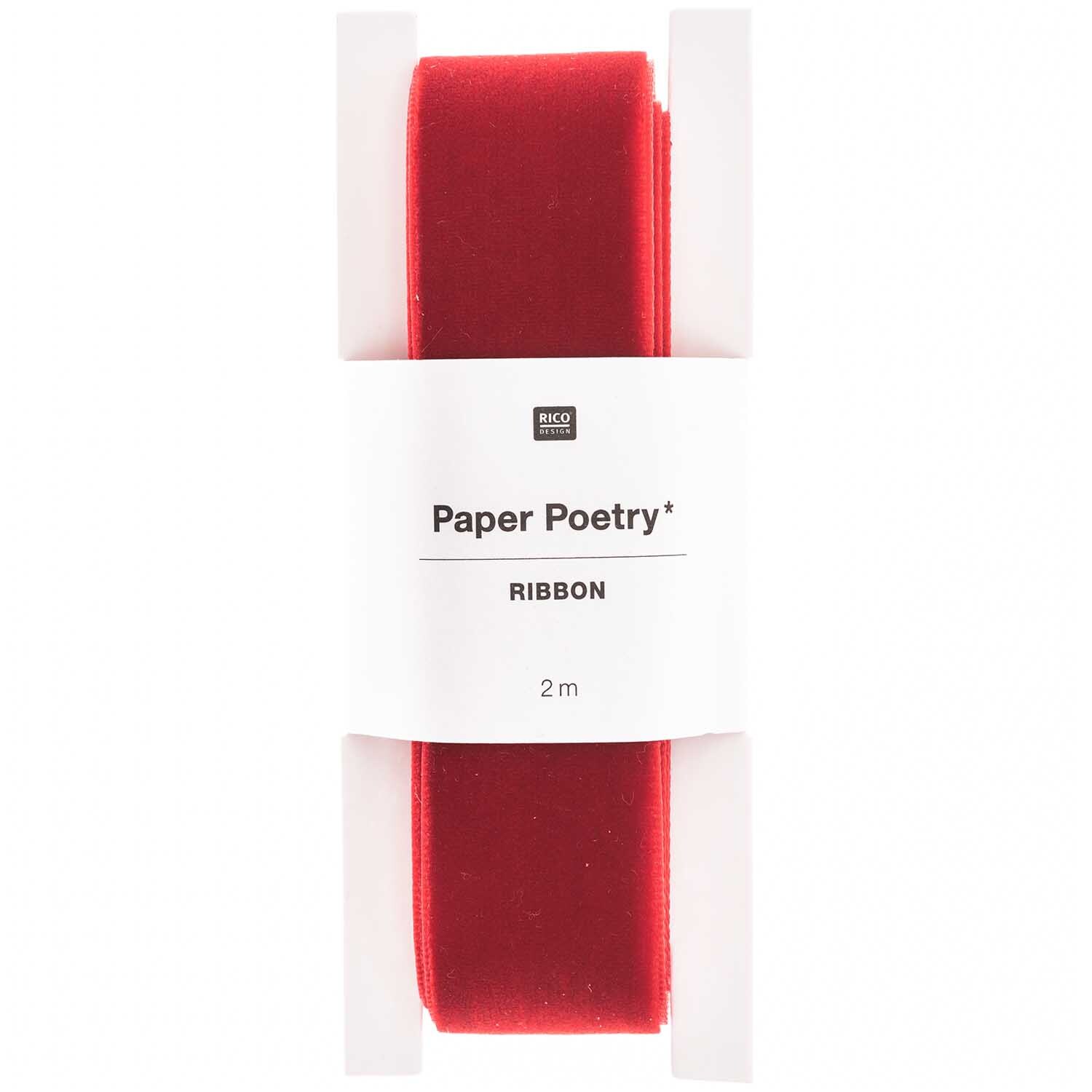 Paper Poetry Samtband 25mm 2m in leuchtendem Rot, präsentiert von Rico Design, ideal für kreative Projekte.