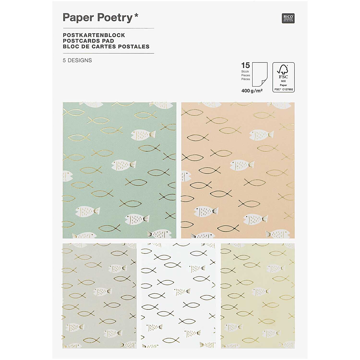 Paper Poetry Postkartenblock zeigt fünf Designs mit Fischmotiven in Pastellfarben auf 12,5x17,6cm Karten.