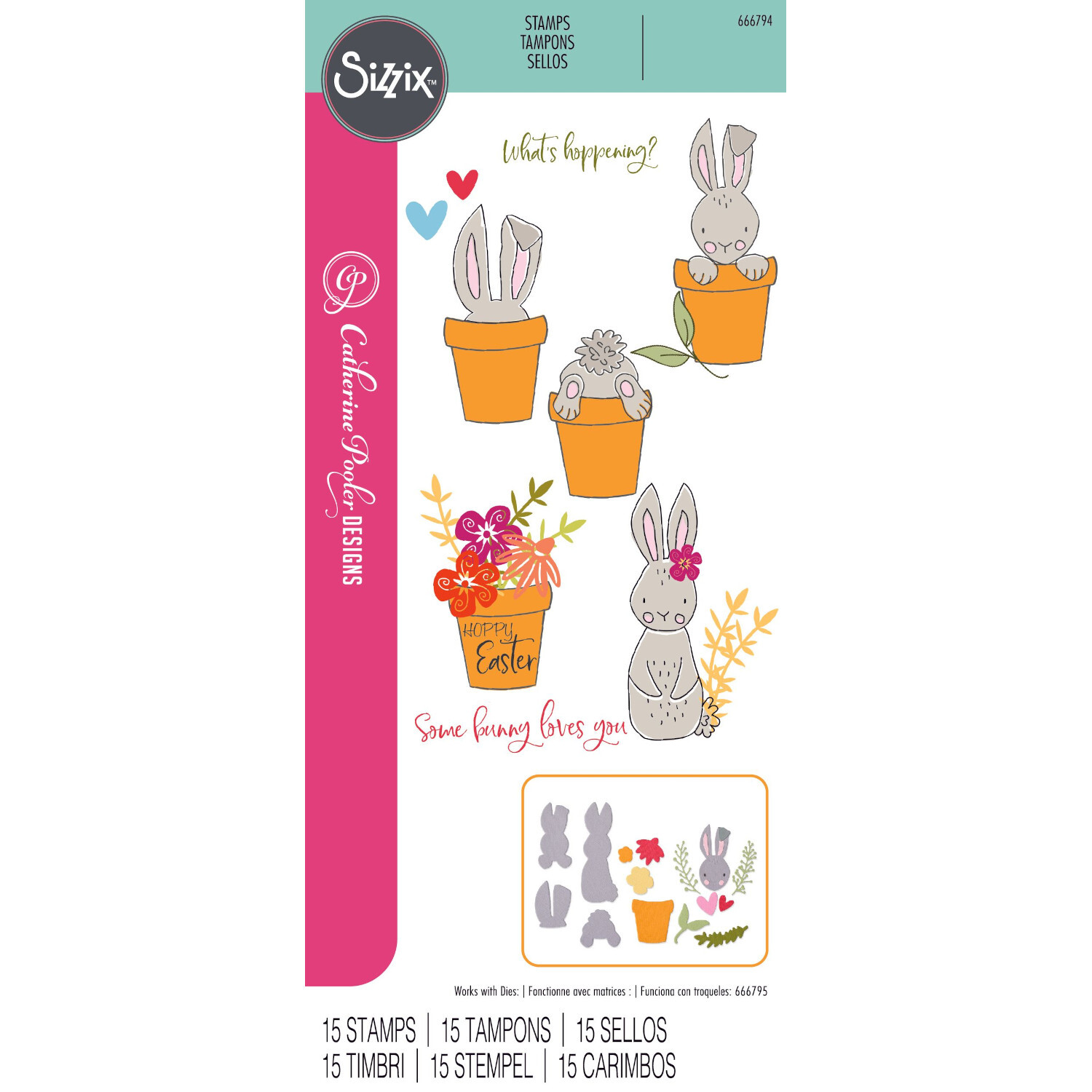 Klarsichtstempel-Set "Bunny Bits & Blooms": Niedliche Hasen und Blumentöpfe in Pastellfarben von Sizzix, ideal für kreative Bastelprojekte.