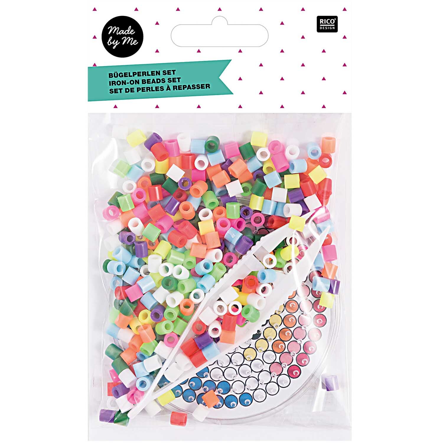 Bügelperlen Set rund ca. 8,9x8,9cm von Rico Design, zeigt bunte Perlen in einer transparenten Verpackung.