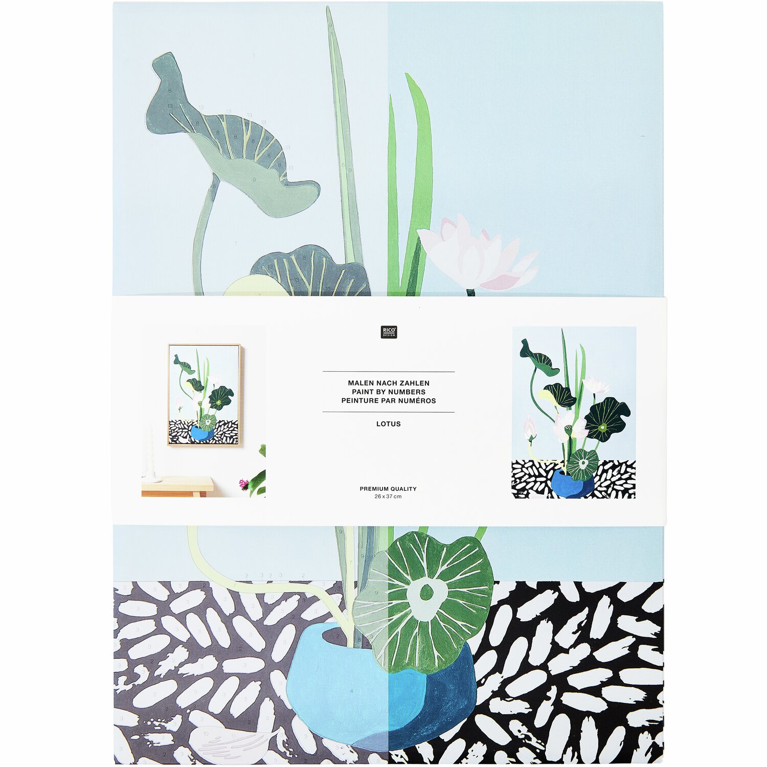 Malen nach Zahlen Lotus zeigt ein stilvolles Lotusmotiv in Blau- und Grüntönen von Rico Design. Ideal für kreative Projekte.
