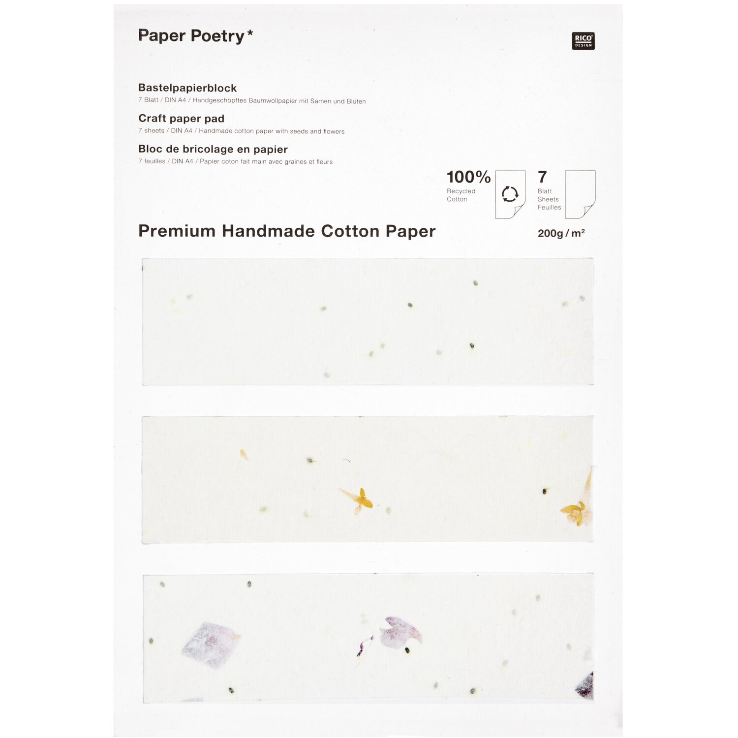 Paper Poetry Bastelblock aus Baumwollpapier DIN A4 zeigt drei weiße Blätter mit zarten Einschlüssen. Ideal für kreative Projekte.